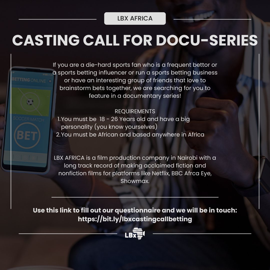 Help us share widely! 🙌

We’re looking for young, bold Africans (18–26) with BIG personalities who love sports betting to feature in an exciting new docu-series.

📲 Fill out this questionnaire and we’ll be in touch: bit.ly/lbxcastingcall…

#CastingCall #DocuSeries #Betting