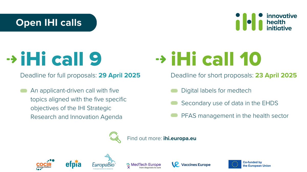 Marta G. Quintanilla (@eu_rdi_lifesci) on Twitter photo 📢Apertura de las Convocatorias 9 y 10 de la Iniciativa de Salud Innovadora <a href="/IHIEurope/">Innovative Health Initiative</a>
💶225 M€ en financiación pública
🔒Cierres 29/abr (call 9) y 23/abr (call 10, 1 fase)
ℹ️Info: horizonteeuropa.es/apertura-de-la…
<a href="/HorizonteEuropa/">Horizonte Europa</a> #Salud #PartenariadoPúblicoPrivado #Participa 📢Apertura de las Convocatorias 9 y 10 de la Iniciativa de Salud Innovadora <a href="/IHIEurope/">Innovative Health Initiative</a>
💶225 M€ en financiación pública
🔒Cierres 29/abr (call 9) y 23/abr (call 10, 1 fase)
ℹ️Info: horizonteeuropa.es/apertura-de-la…
<a href="/HorizonteEuropa/">Horizonte Europa</a> #Salud #PartenariadoPúblicoPrivado #Participa