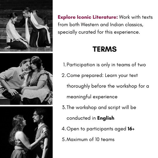 TheatreNisha's tweet photo. Our next workshop for the year - ‘BOND’

Celebrating connection, creativity and the craft of acting as a duo. 

Facilitated by V Balakrishnan

Feb 14 | 3 - 6pm | Spaces, Chennai 

To register, contact +91 9677172897

#theatre #chennai #workshop #duo #scenework #acting #craft https://t.co/lO51ScpX85