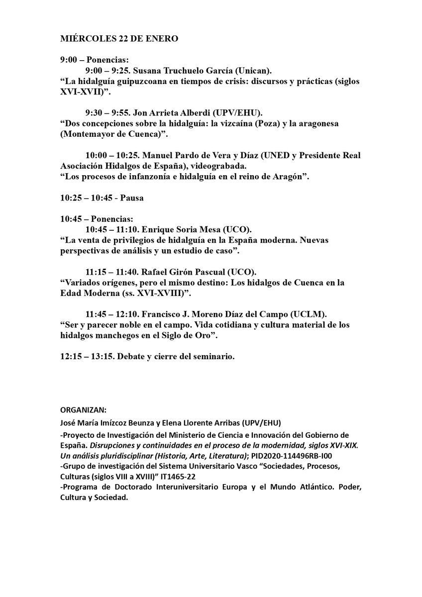 Grupo Mundus I+D+i (@grupomundus) on Twitter photo Esta semana tendrá lugar el "SEMINARIO DE INVESTIGACIÓN HIDALGOS E HIDALGUÍA" (📅21 y 22 de enero, UPV), en el que Susana Truchuelo dará una ponencia titulada “La hidalguía guipuzcoana en tiempos de crisis: discursos y prácticas (siglos XVI-XVII)” (🕑 Miércoles 22, 9:00-9:25) Esta semana tendrá lugar el "SEMINARIO DE INVESTIGACIÓN HIDALGOS E HIDALGUÍA" (📅21 y 22 de enero, UPV), en el que Susana Truchuelo dará una ponencia titulada “La hidalguía guipuzcoana en tiempos de crisis: discursos y prácticas (siglos XVI-XVII)” (🕑 Miércoles 22, 9:00-9:25)