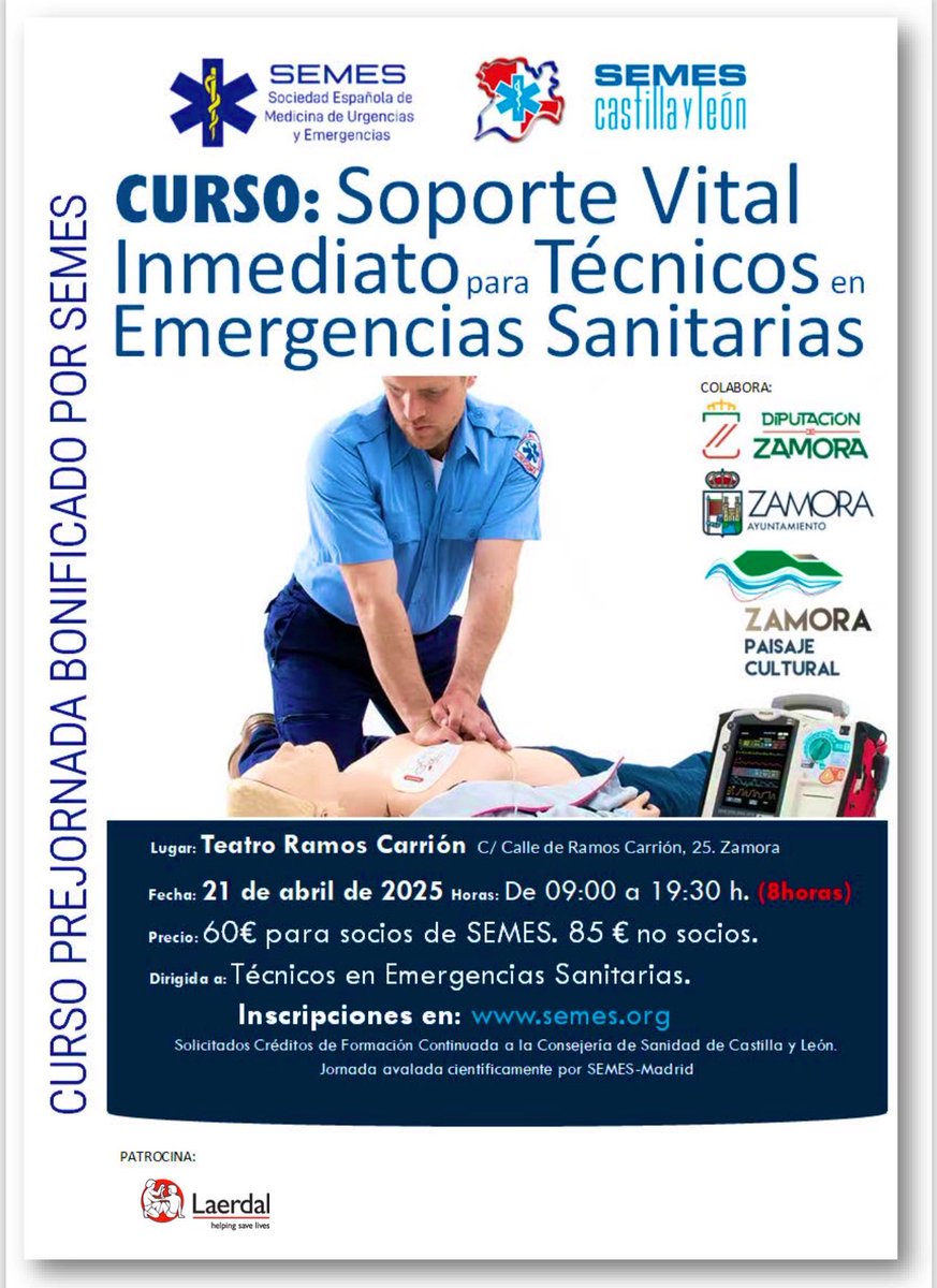 ¡Últimas plazas disponibles! 🚑

➡️ Curso SVI para TES 

📍 Zamora 21 abril 2025

semes.org/evento/jornada…

#TESjornada2025