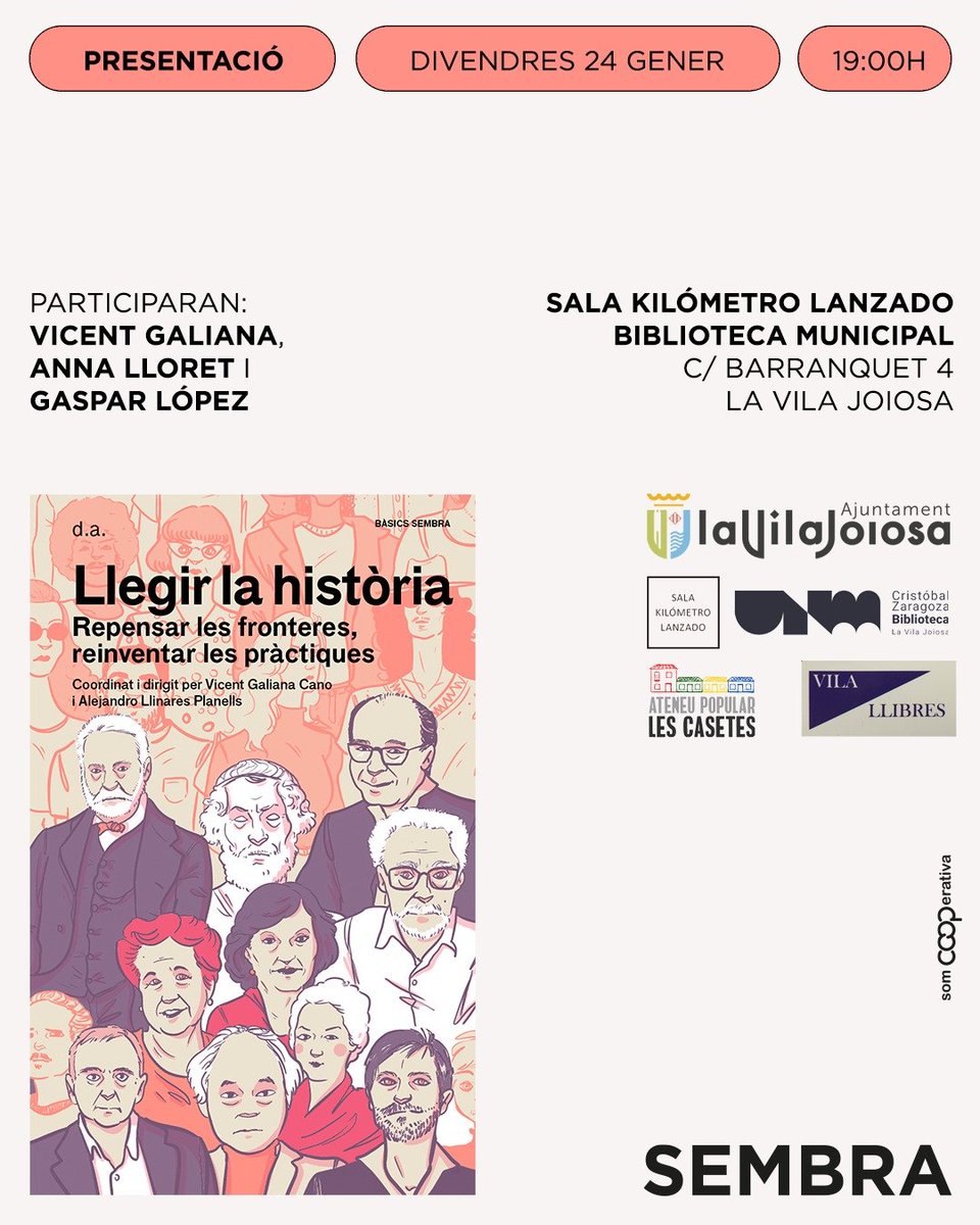 📚 Recordeu que aquest divendres 24 de gener es presentarà a la sala Kilómetro Lanzado de la biblioteca municipal el llibre 'Llegir la història', en un acte en què participaran Vicent Galiana, Anna Lloret i Gaspar López.