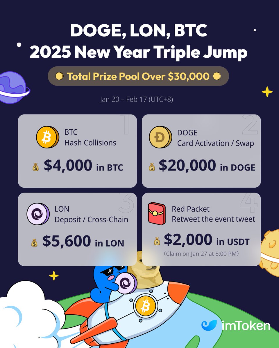 imToken (@imtokenofficial) on Twitter photo 🎉 imToken’s New Year Triple Jump Event is Live!
Get a chance to win DOGE, LON, and BTC prizes!
💰 Total Prize Pool: Over $30,000
<a href="/tokenlon/">Tokenlon | Trusted decentralized exchange protocol</a> <a href="/imKeyOfficial/">imKey 硬件钱包|Hardware Wallet</a> <a href="/Bridgersxyz/">Bridgers</a>
🔁 Retweet this post and win a red packet worth up to $200!
📋 Don’t forget to complete the form 👉 🎉 imToken’s New Year Triple Jump Event is Live!
Get a chance to win DOGE, LON, and BTC prizes!
💰 Total Prize Pool: Over $30,000
<a href="/tokenlon/">Tokenlon | Trusted decentralized exchange protocol</a> <a href="/imKeyOfficial/">imKey 硬件钱包|Hardware Wallet</a> <a href="/Bridgersxyz/">Bridgers</a>
🔁 Retweet this post and win a red packet worth up to $200!
📋 Don’t forget to complete the form 👉