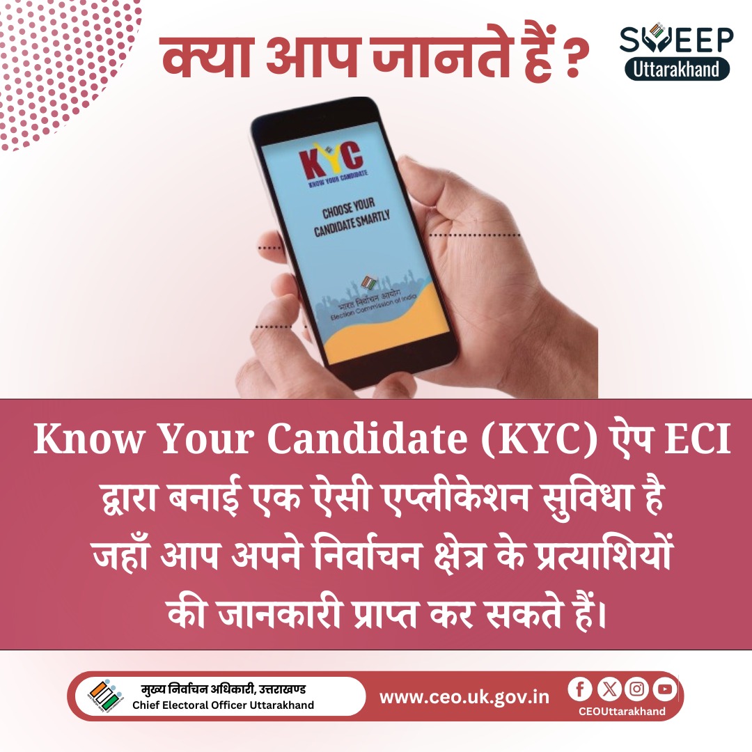 UttarakhandCEO's tweet photo. क्या आप जानते हैं Know Your Candidate (KYC) ऐप ECI द्वारा बनाई एक ऐसी एप्लीकेशन सुविधा है जहाँ आप अपने निर्वाचन क्षेत्र के प्रत्‍याशियों की जानकारी प्राप्त कर सकते हैं।

#KyaAapJanteHain
#KYCApp
#ECI
#CEOUttarakhand
#MatdanKaAdhikar
#VoterAwareness
#SSR2025 https://t.co/jPdRmmIByw