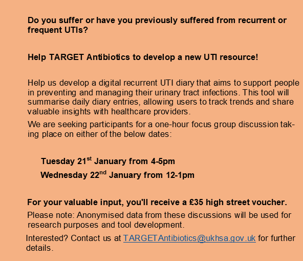 Bladder Health UK (@bladderhealthuk) on Twitter photo Do you or have you previously suffered from frequent or recurrent UTIs. Can you help by joining a focus group? Information below - please contact TARGETAntibiotics@ukhsa.gov.uk to apply! Do you or have you previously suffered from frequent or recurrent UTIs. Can you help by joining a focus group? Information below - please contact TARGETAntibiotics@ukhsa.gov.uk to apply!