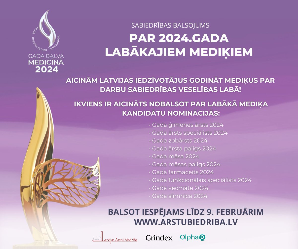 Ikvienam pacientam ir iespēja pateikt paldies savai ārstniecības personai – ārstam, zobārstam, ārsta palīgam, vecmātei, farmaceitam, funkcionālajam speciālistam, izvirzot viņu kā potenciālo balvas saņēmēju GADA BALVAI MEDICĪNĀ 2024‼️ arstubiedriba.lv/gadabalvamedic…