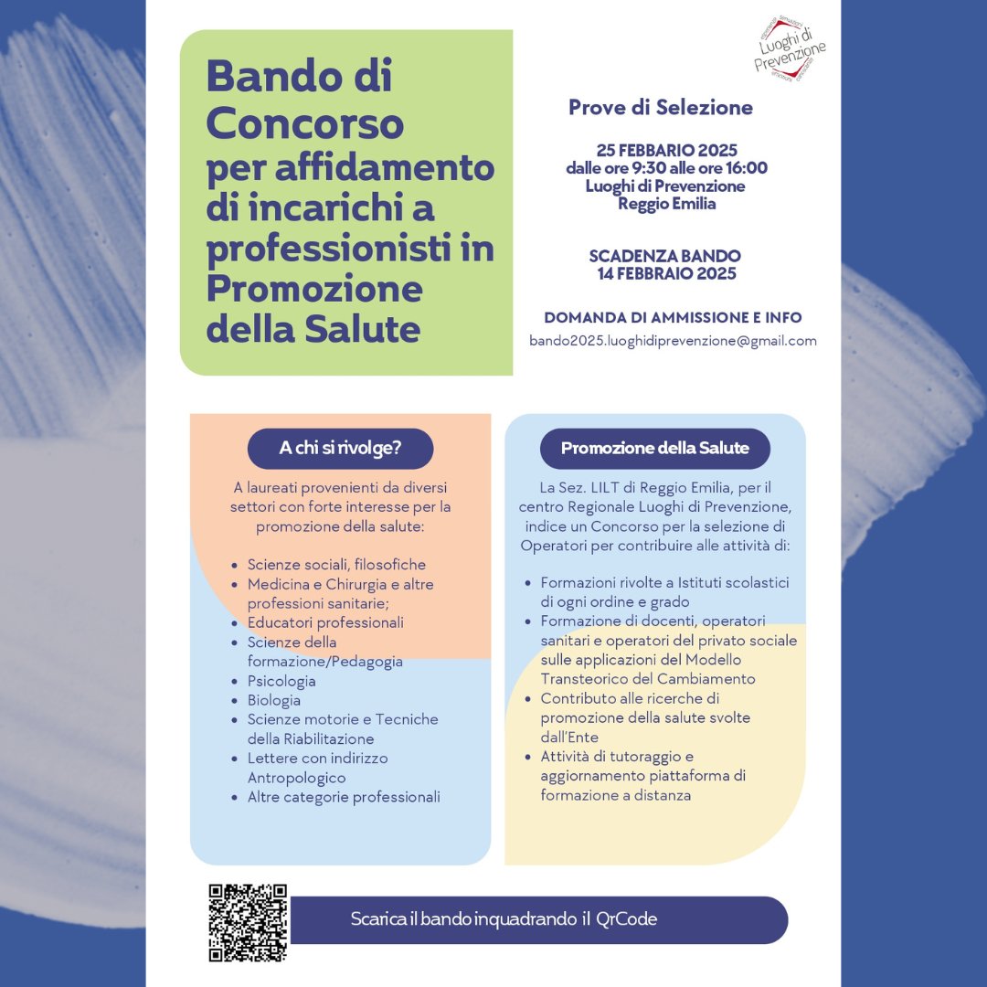 👉Professionisti in promozione della Salute, un bando. La Sezione LILT - Lega italiana per la lotta ai tumori di Reggio Emilia, per il Centro Regionale Luoghi di Prevenzione, cerca operatori.
📜 Per info: bando2025.luoghidiprevenzione@gmail.com
tinyurl.com/jxeab6xb