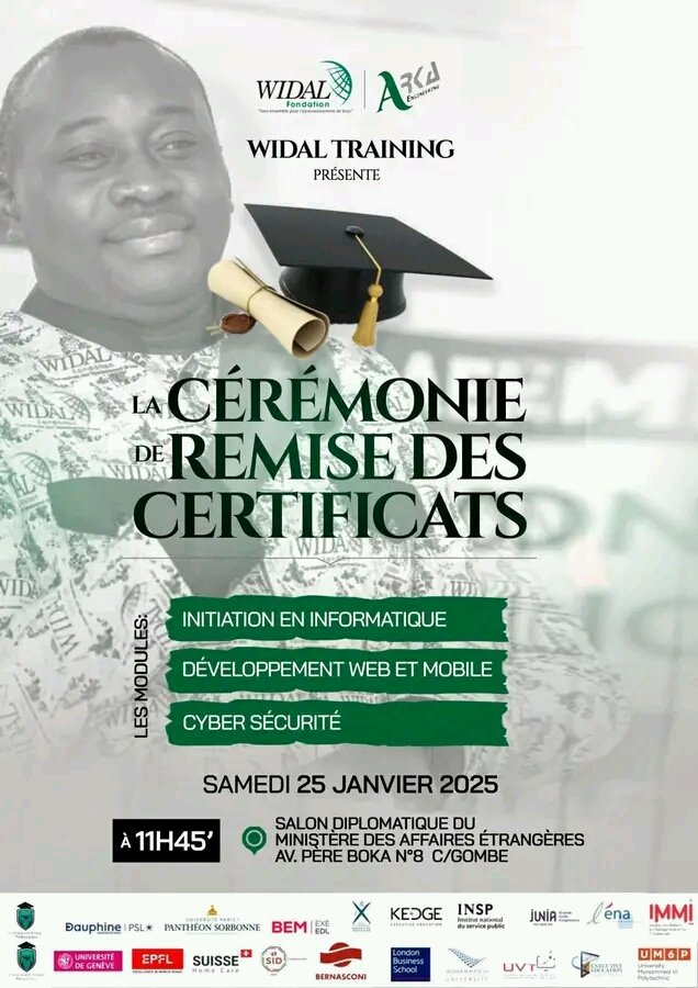 nevillemashita4's tweet photo. La fondation #Widal de son Excellence @Guy_Loando, a l'honneur de vous inviter à prendre part ce samedi 25janvier. à la cérémonie de remise des certificats aux 200 jeunes ayant suivi la formation professionnelle en informatique, développement web&Mobile, et Cyber sécurité. https://t.co/oJtmzKMZvt