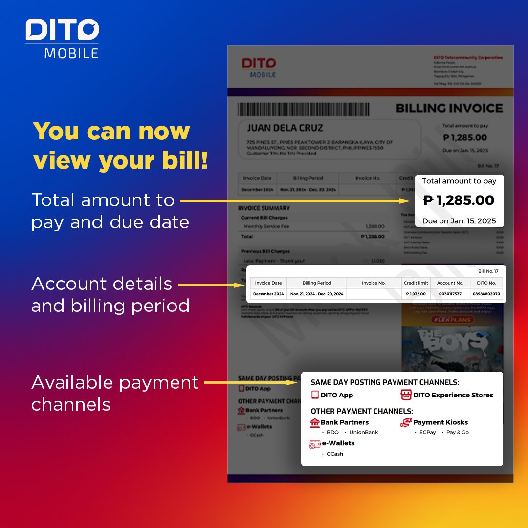 DITOphofficial's tweet photo. Here’s how you can view your latest FLEXPlan billing statement using the DITO App!
#DITOTelecommunity #DITOPostpaid #DITOFLEXPlan https://t.co/vvkM8jhC3d