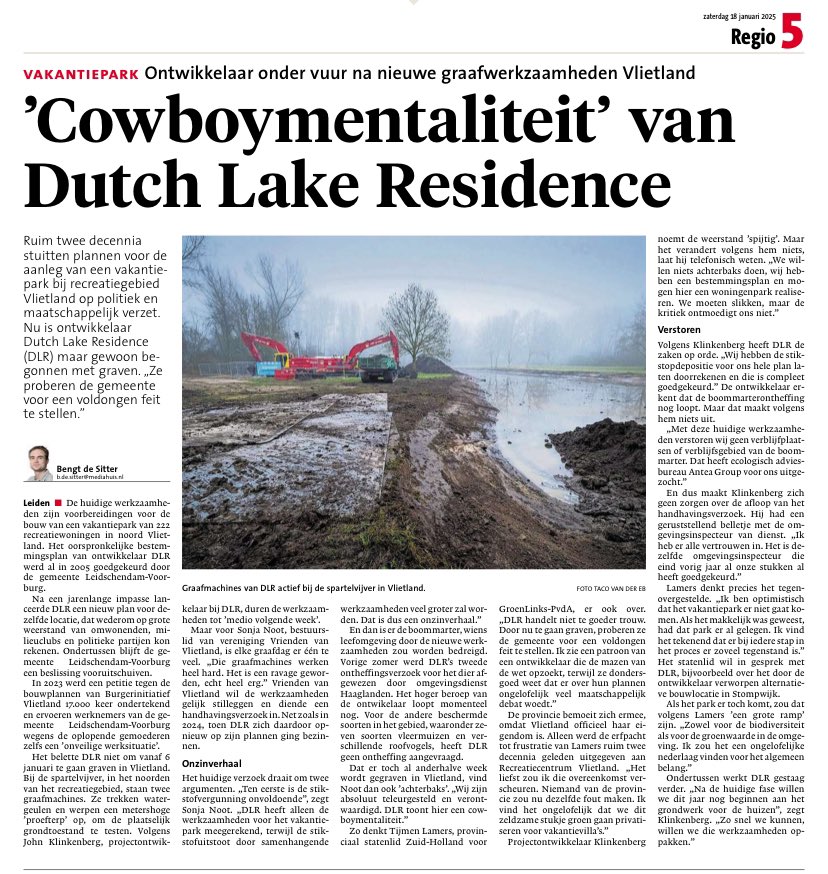 #Schandalig : zonder natuurvergunning is projectontwikkelaar DLR recreatiegebied #Vlietland aan het onttakelen.

BBR-voorzitter Monique Lamers en bestuurslid Eduard Groen waren om 7.00 uur aanwezig bij de protestbijeenkomst.

A.u.b. provincie #Zuid-Holland , handhaaf de wet!