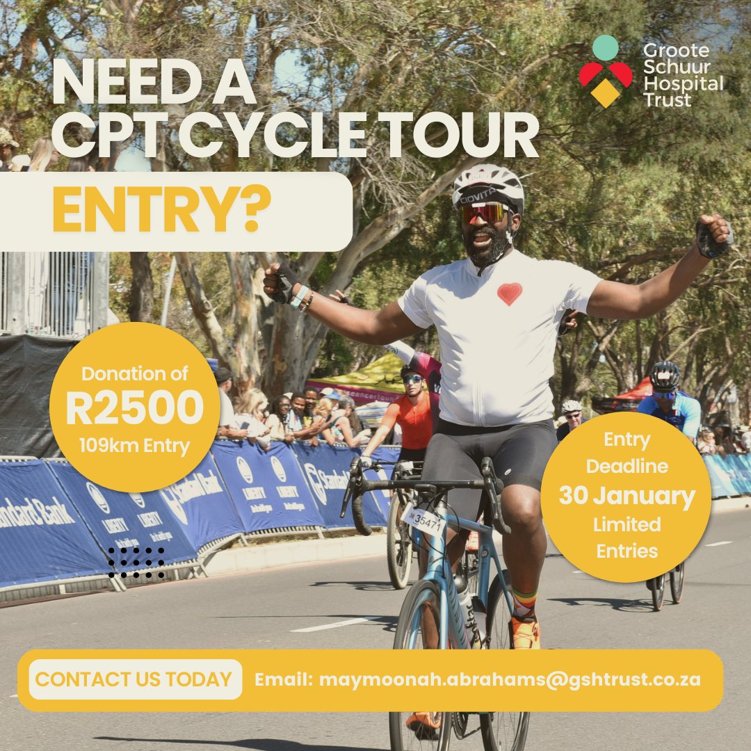 Groote Schuur Hospital Trust (@gsh_trust) on Twitter photo Need a @CapeTownCycleTour entry?
Secure your spot with a charity entry for just R2500! Here's what you get:
βοΈ Your Cycle Tour entry
βοΈ A FREE branded shirt
βοΈ The chance to make a meaningful difference
Email: maymoonah.abrahams@gshtrust.co.za Need a @CapeTownCycleTour entry?
Secure your spot with a charity entry for just R2500! Here's what you get:
βοΈ Your Cycle Tour entry
βοΈ A FREE branded shirt
βοΈ The chance to make a meaningful difference
Email: maymoonah.abrahams@gshtrust.co.za