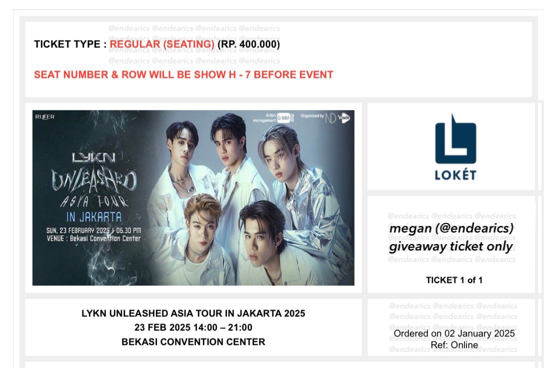 endearics's tweet photo. 💌 #LYKNASIATOURxJAKARTA Ticket Giveaway 🐺🩵

✏️ 1x Regular Zone Ticket (Free!)
❌ No Hi-touch Benefit 🥺

To support LYKN's 1st Asia Tour, I'll giveaway 1 ticket to allow a LYKYOU to perceive & experience #LYKN's stages in real life! 🤩 

How to join? Just RT this tweet! (MUST be a LYKYOU, I will scan through your account) Please join only if you don't have a ticket & you truly want to attend the concert. 

Giveaway deadline:
14th February 2025, 10pm (Indonesia time)

Winner announcement:
15th February 2025, 10pm (Indonesia time)

Let's create wonderful memories with them on their first concert tour 🌟