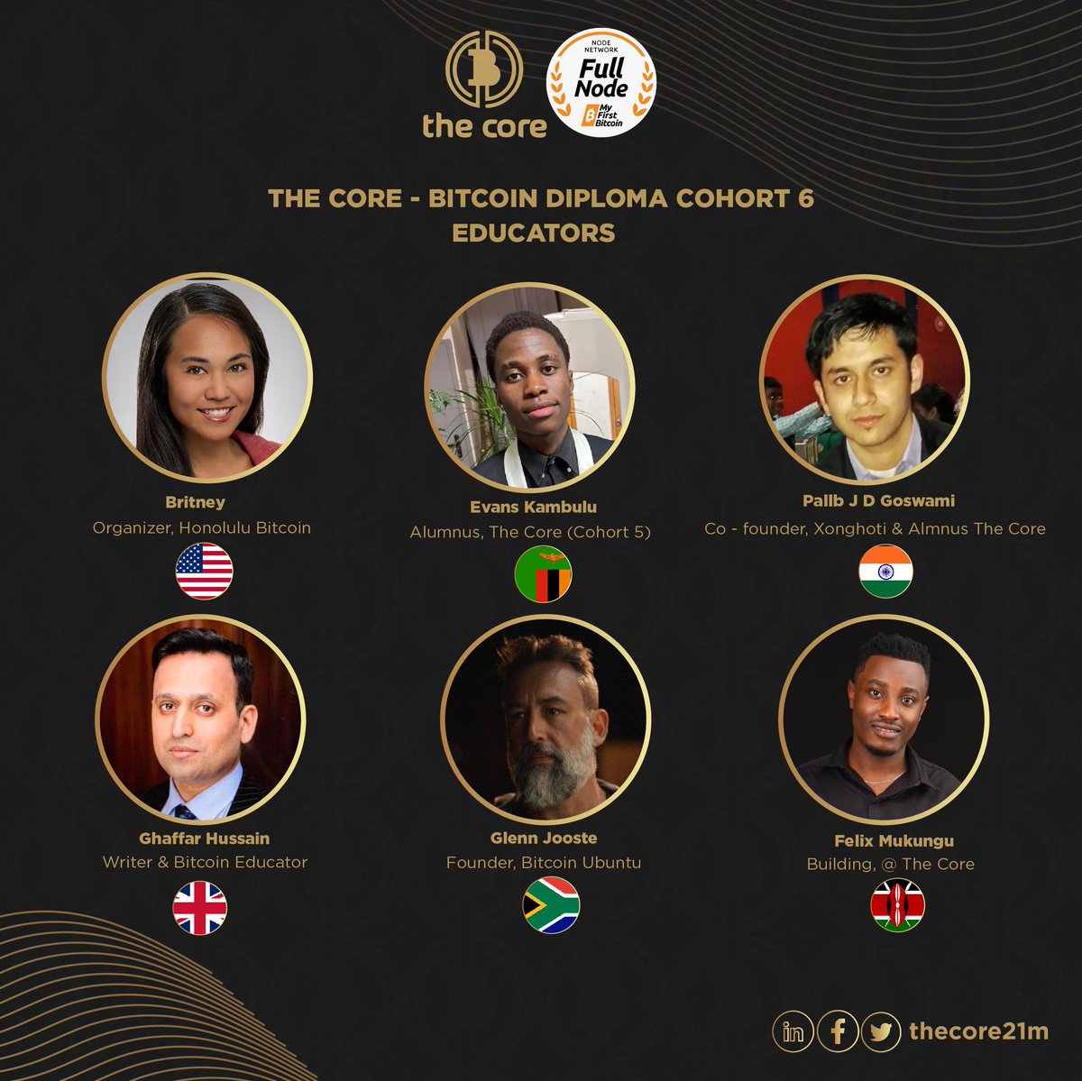 We are fortunate to have an incredible team of six educators who will guide students through the 10 chapters of the #Bitcoin Diploma:

<a href="/Britney_TM/">Britney 🍊🐝</a> , organizer at <a href="/HonoluluBitcoin/">Honolulu Bitcoin</a>, <a href="/EvansKambulu/">Evans Kambulu</a> , an alumnus of <a href="/thecore21m/">The Core - Bitcoin Education</a>  Cohort 5 with aspirations to start #Bitcoin education in