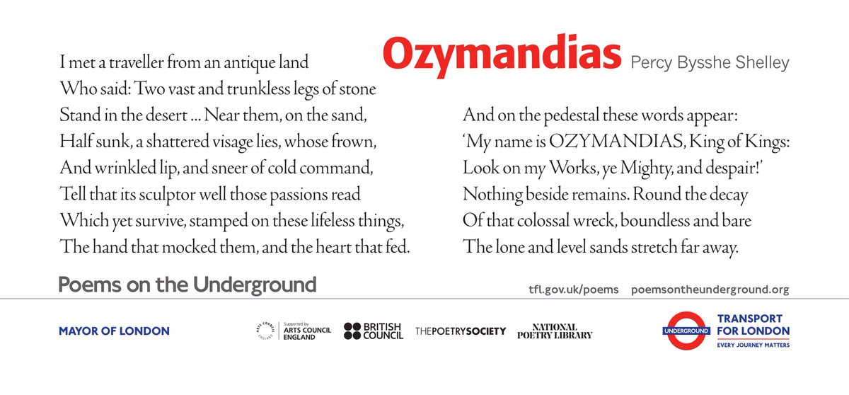 Poem of the Day: Ozymandias by P B Shelley poemsontheunderground.org/ozymandias-3