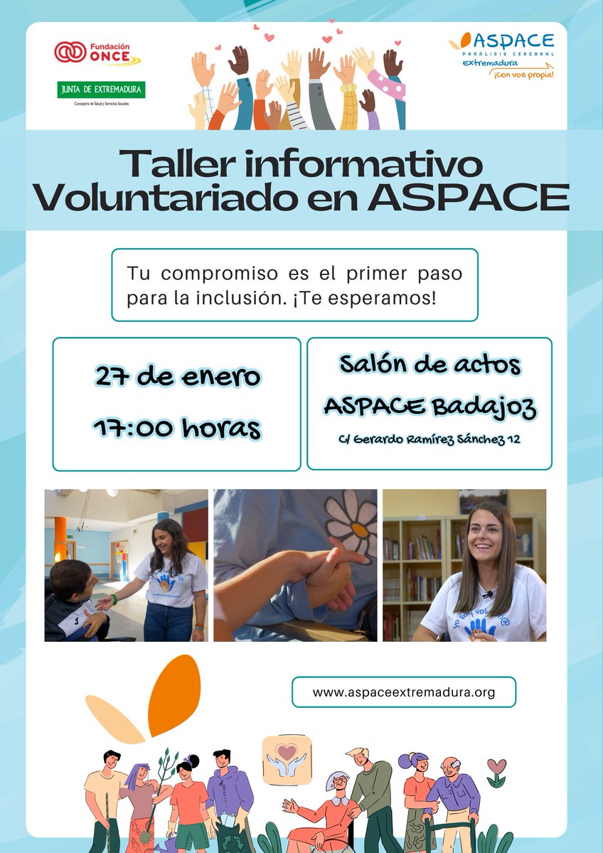 Taller de Voluntariado, donde aprenderás cómo puedes colaborar en la mejora de la calidad de vida de personas con parálisis cerebral.
📅 Fecha: 27 de enero 
🕒 Hora: 17:00h 
📍 Lugar: Salón de Actos de <a href="/FEDExtrASPACE/">Federación ASPACE Extremadura</a> Badajoz
Inscripciones: forms.gle/kHiV1hpw3UTUoU…