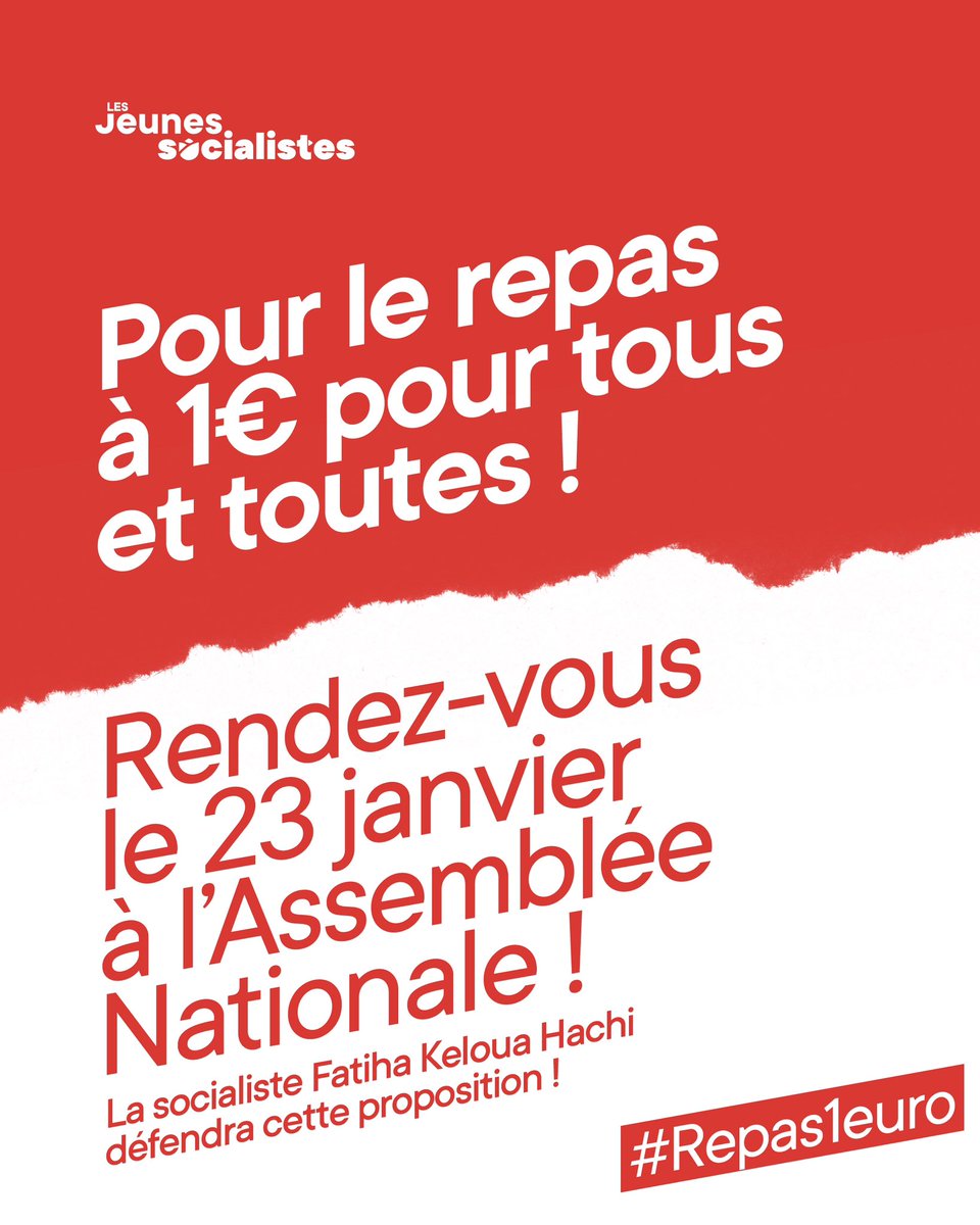 lesJeunesSoc's tweet image. Pour le repas Crous à 1€ pour toutes et tous, mobilisons-nous ! 

Rejoins les Jeunes Socialistes en action dans toute la France pour notre campagne nationale sur le repas à 1€ !
Et on te donne rendez-vous le 23 janvier à l’Assemblée Nationale où cette proposition de loi sera…