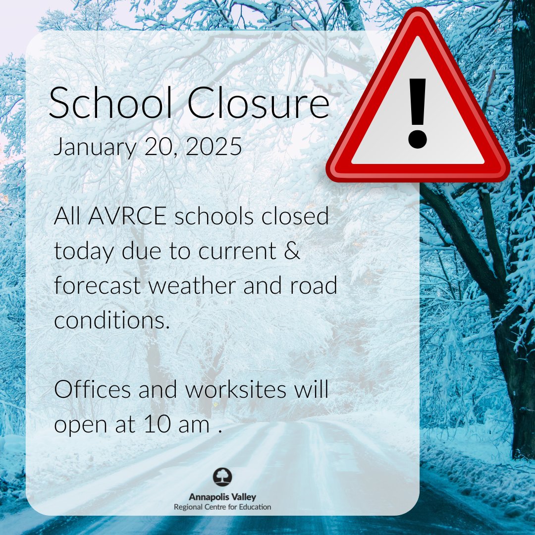 January 20, 2025: All AVRCE schools are closed today due to current and forecast weather and road conditions. Offices and worksites will open at 10 am.