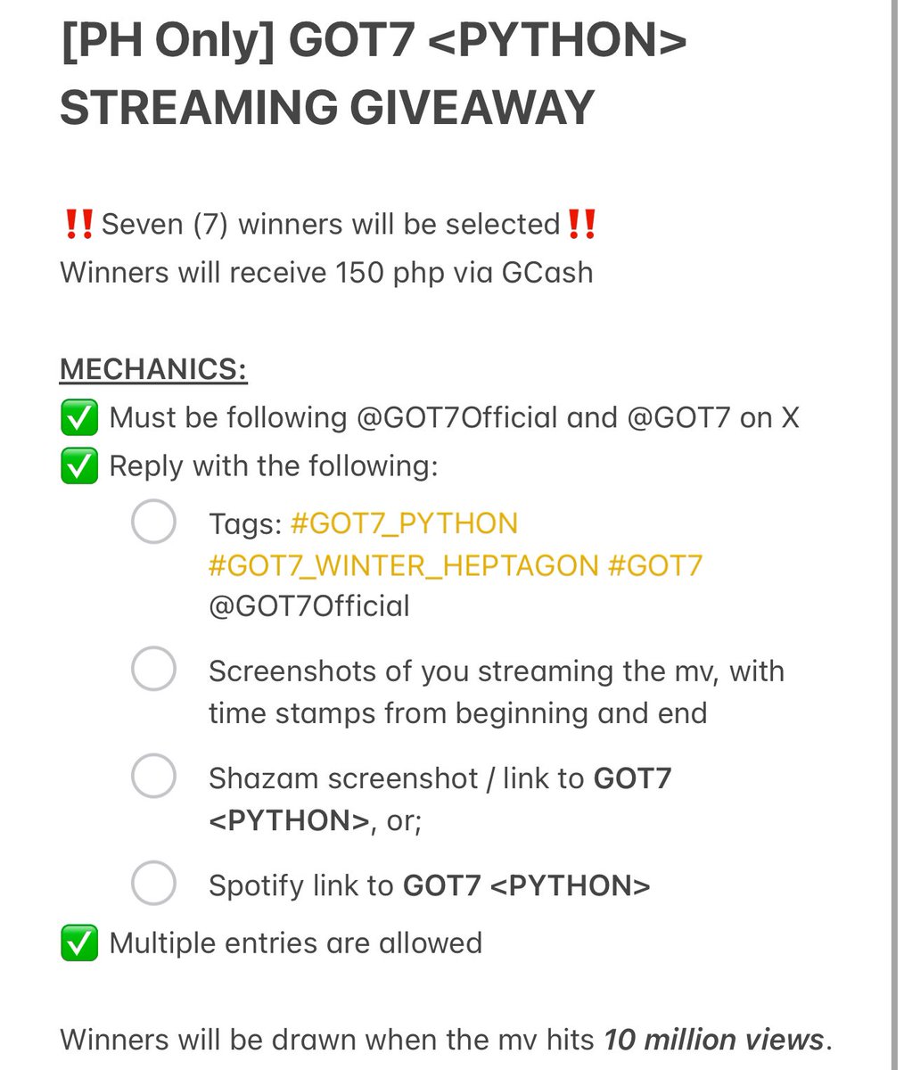 dlawosud's tweet photo. [PH Only] GOT7 <PYTHON> STREAMING GIVEAWAY

‼️Seven (7) winners will receive 150 PHP via GCash each

Read first photo below for full mechanics‼️see also sample screenshots!

Winners will be drawn when #GOT7_PYTHON reaches 10 million views 🩵 https://t.co/mkJGcI9QUV