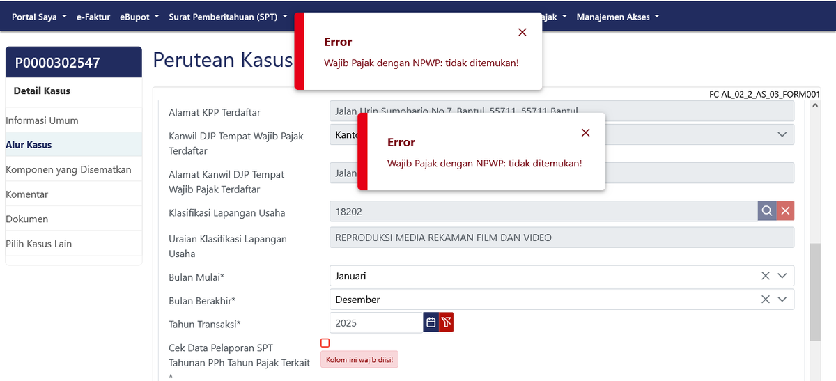 ABandoro's tweet photo. @kring_pajak @DitjenPajakRI 2/ Pada halaman "Alur Kasus" centang kotak "Kolom ini wajib diisi" masih keluar jendela Error.

Apa langkah selanjutnya yang harus saya lakukan agar beres semua? https://t.co/ftoHgOVcgi