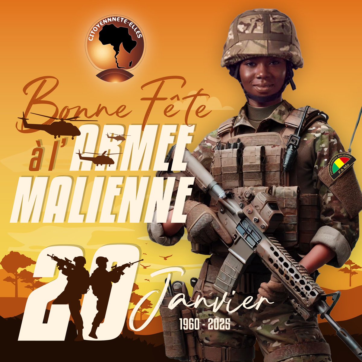 En ce jour spécial dédié à l’Armée Malienne,C_Elles tient à saluer le courage,le sacrifice et le dévouement de nos vaillants soldats. 
Vous êtes les piliers de la paix et la sécurité de notre nation. 
Excellente fête de l’Armée Malienne!

#Citoyennement_votre 
#Citoyenneté_Elles
