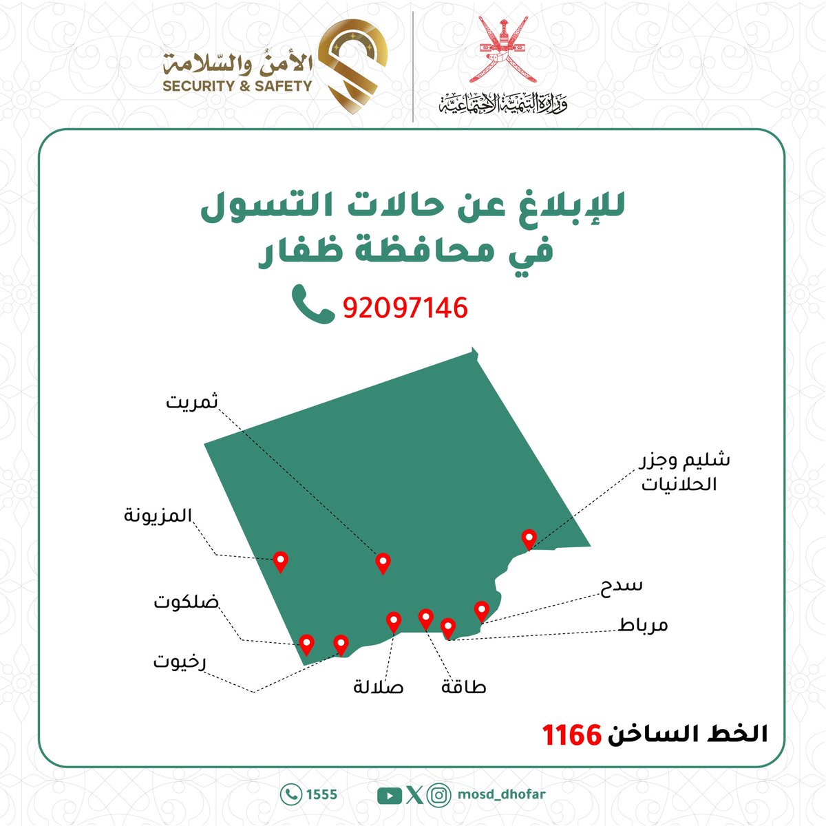 ضمن الجهود المستمرة في مكافحة ظاهرة التسول. 
تم التعاون مع مؤسسة خدمات الأمن والسلامة لإسناد مهمة الضبط الميداني إلى أفراد الأمن والسلامة، في خطوة تهدف إلى الحد من هذه الظاهرة، بما يحقق بيئة أكثر أماناً واستقراراً.

📍 يشمل نطاق الولايات التالية:
صلالة، طاقة، مرباط، رخيوت، ثمريت،
