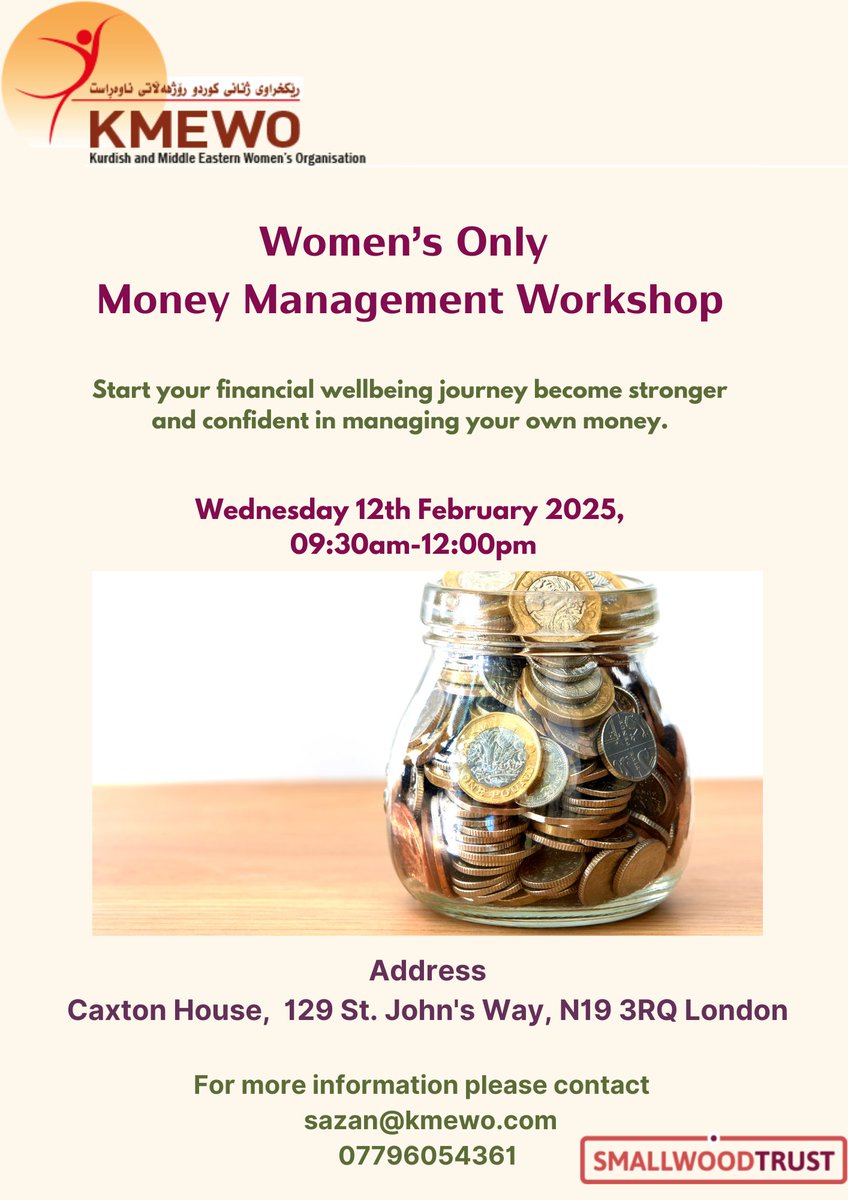 KMEWO (@kmewo) on Twitter photo โจWomen-Only Money Management Workshop! โจ
Ready to control your financial future? Join us for a workshop empowering women on their financial journey! ๐ช๐ฐ
๐
 12th Feb 2025 | โฐ 09:30 AM - 12:00 PM
๐ Caxton House, 129 St. John's Way, N19 3RQ
๐ก๐ธ 
<a href="/SmallwoodTrust/">Smallwood Trust</a> โจWomen-Only Money Management Workshop! โจ
Ready to control your financial future? Join us for a workshop empowering women on their financial journey! ๐ช๐ฐ
๐
 12th Feb 2025 | โฐ 09:30 AM - 12:00 PM
๐ Caxton House, 129 St. John's Way, N19 3RQ
๐ก๐ธ 
<a href="/SmallwoodTrust/">Smallwood Trust</a>