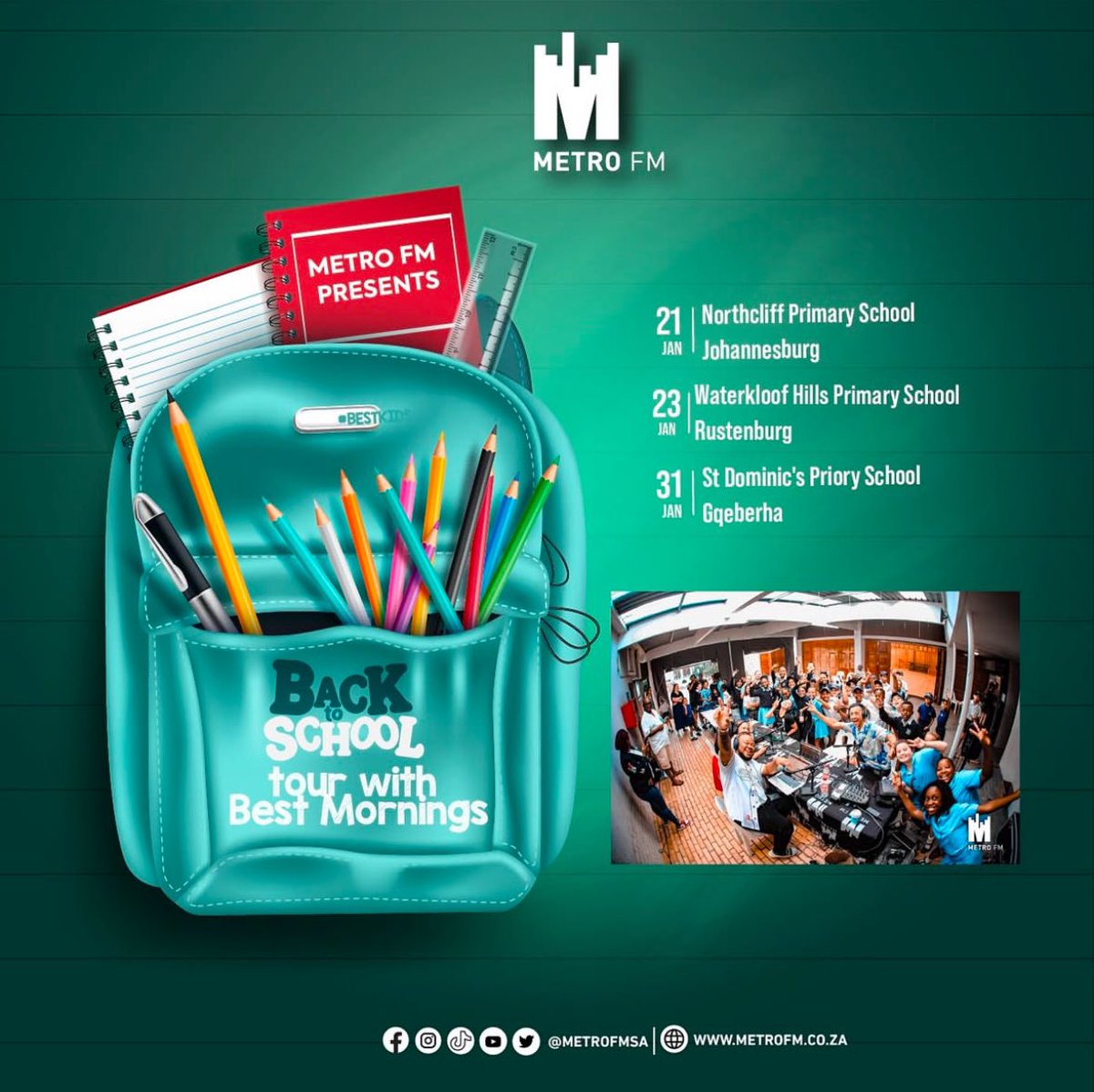 SabbyTheDJ's tweet photo. 🚨🚨 It’s officially #January and that means we are back on the road. It’s the #MetroFMSchoolTour with #BestMornings and we are coming to a school near you.
Follow @metrofmsa for all updates. #BestKids 2025 starts this Tuesday, 21 Jan at NorthCliff Primary School In #Johannesburg.
See you there 📚✏️🚸