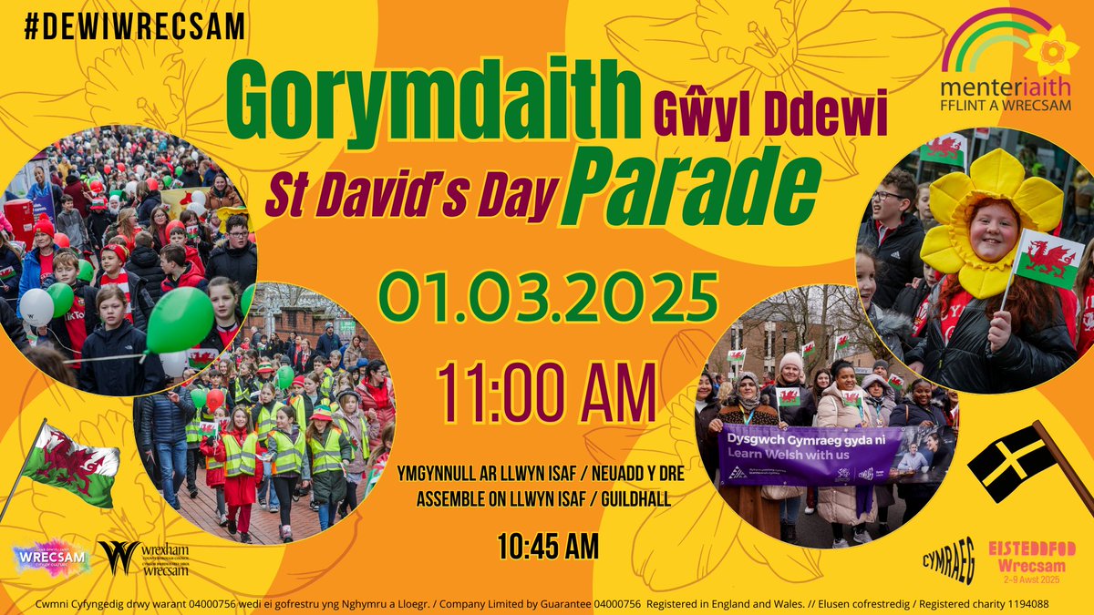 🤩Gorymdaith Dydd Gŵyl Dewi Wrecsam / Wrexham St David's Day Parade 

📅Dydd Sadwrn 01.03.25 Saturday
⏰11:00am
📍Ymgunnull ar Llwyn Isaf, Wrecsam 10:45am  Assemble on Llwyn Isaf Wrexham 10:45am

#DewiWrecsam