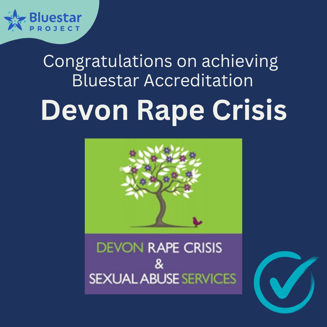 Well done to Devon Rape Crisis , the latest service to have passed the Bluestar Accreditation process for delivery of pre-trial therapy and support services according to our National Standards.

Congratulations! 🎉