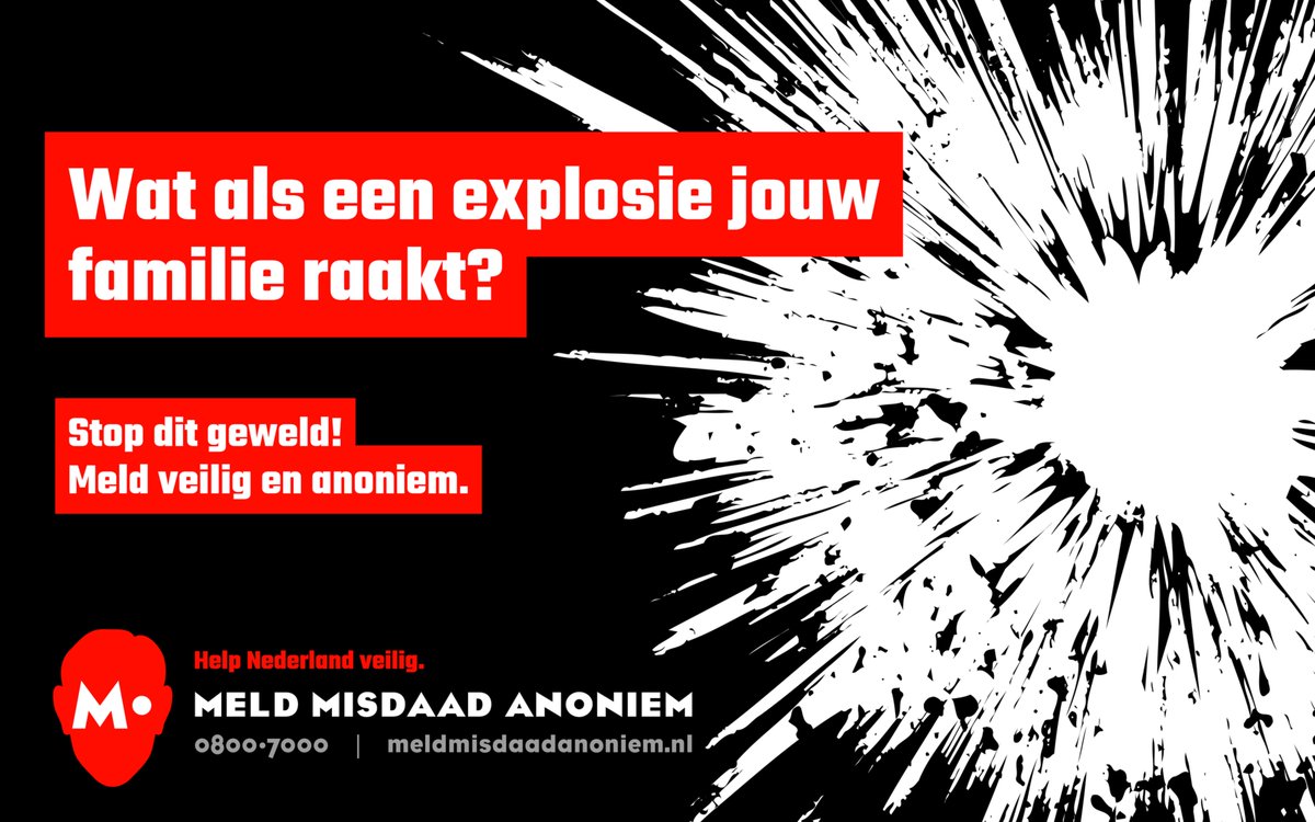 #EXPLOSIES 💥
Wat jij weet over een explosie kan een zaak oplossen! De informatie die je via Meld Misdaad Anoniem geeft, kan ervoor zorgen dat jouw leefomgeving een stukje veiliger wordt. Alleen als jouw anonimiteit gewaarborgd kan worden stuurt M. een anonieme melding naar de