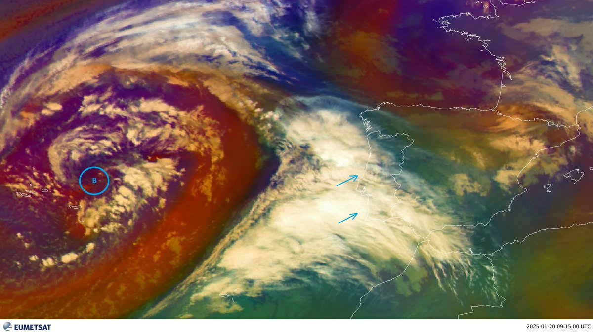 Bom dia!

O centro da depressão "GAROE" encontra-se neste momento a norte do Grupo Oriental do Açores, enquanto a frente fria se vai aproximando do território continental tal como podemos observar na imagem de satélite. ⛈

Acompanhe no nosso fórum: meteopt.com/forum/