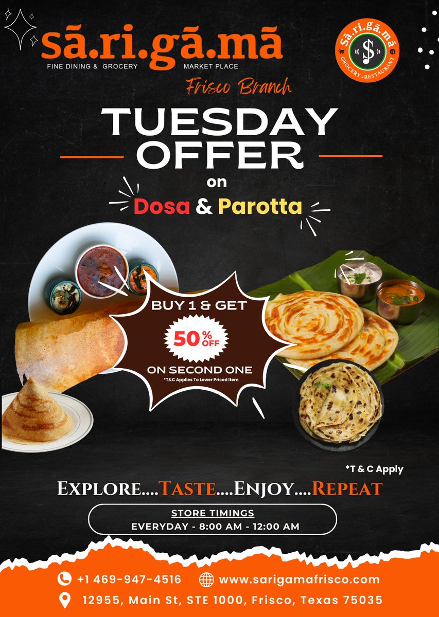 NRIPage's tweet photo. Calling all Dosa and Parotta lovers! 🥞🍛 This Tuesday, enjoy a scrumptious surprise—50% OFF your second order! 😍 Don't miss this mouthwatering deal!
👉 Check it out here: https://t.co/twqUVOuHPQ

✨ #FoodieTuesday #DosaDreams #ParottaPerfection #IndianEats #FriscoEats #BOGOOffe https://t.co/AoUBWSPoFK