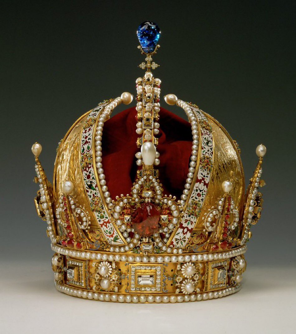 Crown of Rudolf II [d. #otd 20 Jan 1612] later crown of the Austrian Empire  

Made in Prague in 1602 as a private crown for Rudolf II. The goldsmith Jan Vermeyen of Antwerp was appointed to the imperial residence in Prague for this task.

(Kunsthistorisches Museum Wien)