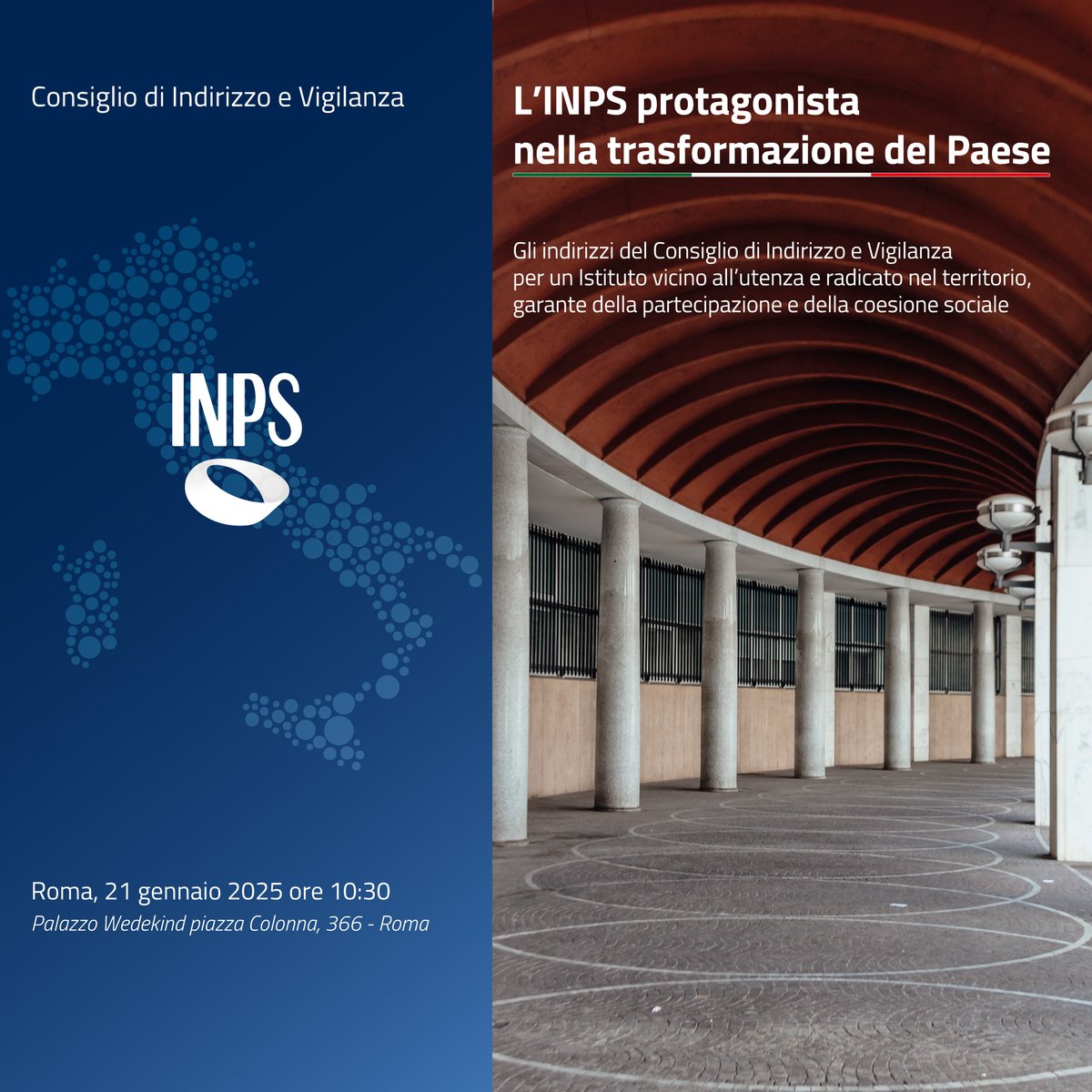 INPS_it's tweet photo. 📅 Il 21 gennaio dalle 10.30 a Palazzo Wedekind a Roma il CIV INPS presenterà l'evento "INPS protagonista della trasformazione del paese".
Il congresso sarà incentrato sulla presenza dell'Istituto nel territorio.
🔗 https://t.co/MRuusSYzOQ
#InpsComunica #SaveTheDate https://t.co/PTuRGbSJlB