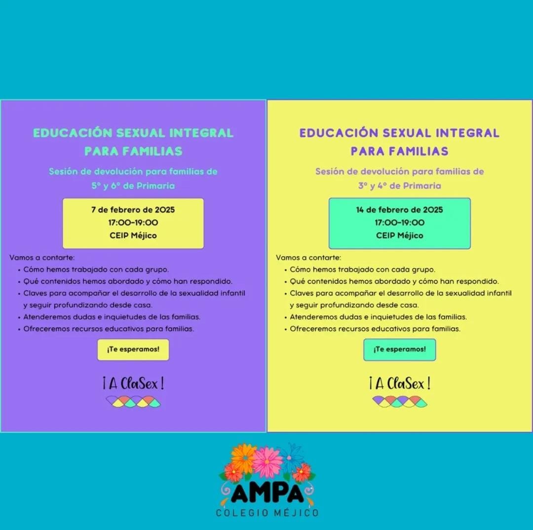 Talleres formativos de educación afectivo-sexual para los mayores de primaria. Por la tarde, sesión de devolución con sus familias.