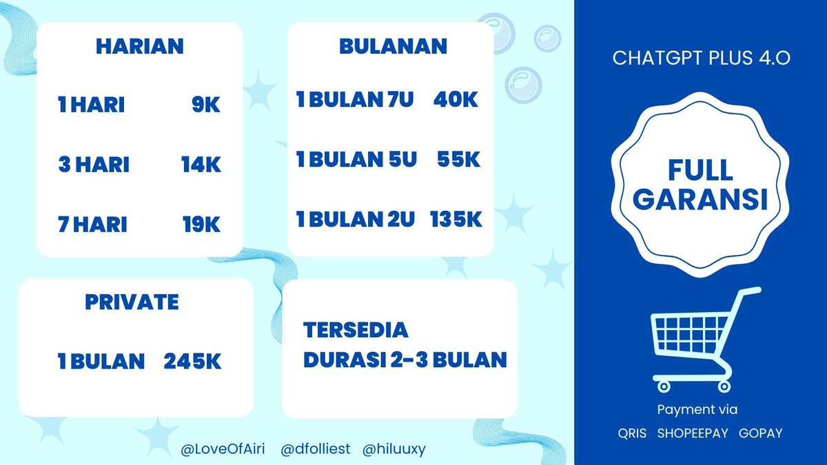 etherkal's tweet image. Chatgpt plus 4.o GPT harian mingguan bulanan garansi

in rush via whatsapp di @LoveOfAiri admin ramah sila tanya2 dulu 

#zonauang️