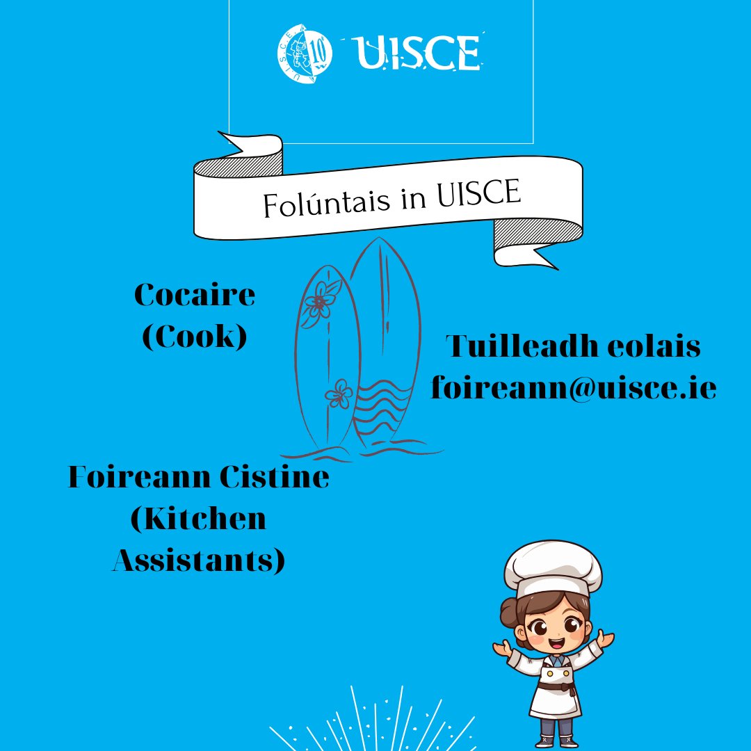 UISCE (@colaisteuisce) on Twitter photo 🗣️Tá muid ag earcú @ Coláiste UISCE
🧑🍳👩🍳Deis Fostaíochta - Cocaire agus Foireann Cistine (Cook and Kitchen Staff wanted) 👩🍳🧑🍳
📨 Tuilleadh eolais: foireann@uisce.ie
#SíognabPost #Gaeilge #Folúntais #Gaeltacht 🗣️Tá muid ag earcú @ Coláiste UISCE
🧑🍳👩🍳Deis Fostaíochta - Cocaire agus Foireann Cistine (Cook and Kitchen Staff wanted) 👩🍳🧑🍳
📨 Tuilleadh eolais: foireann@uisce.ie
#SíognabPost #Gaeilge #Folúntais #Gaeltacht