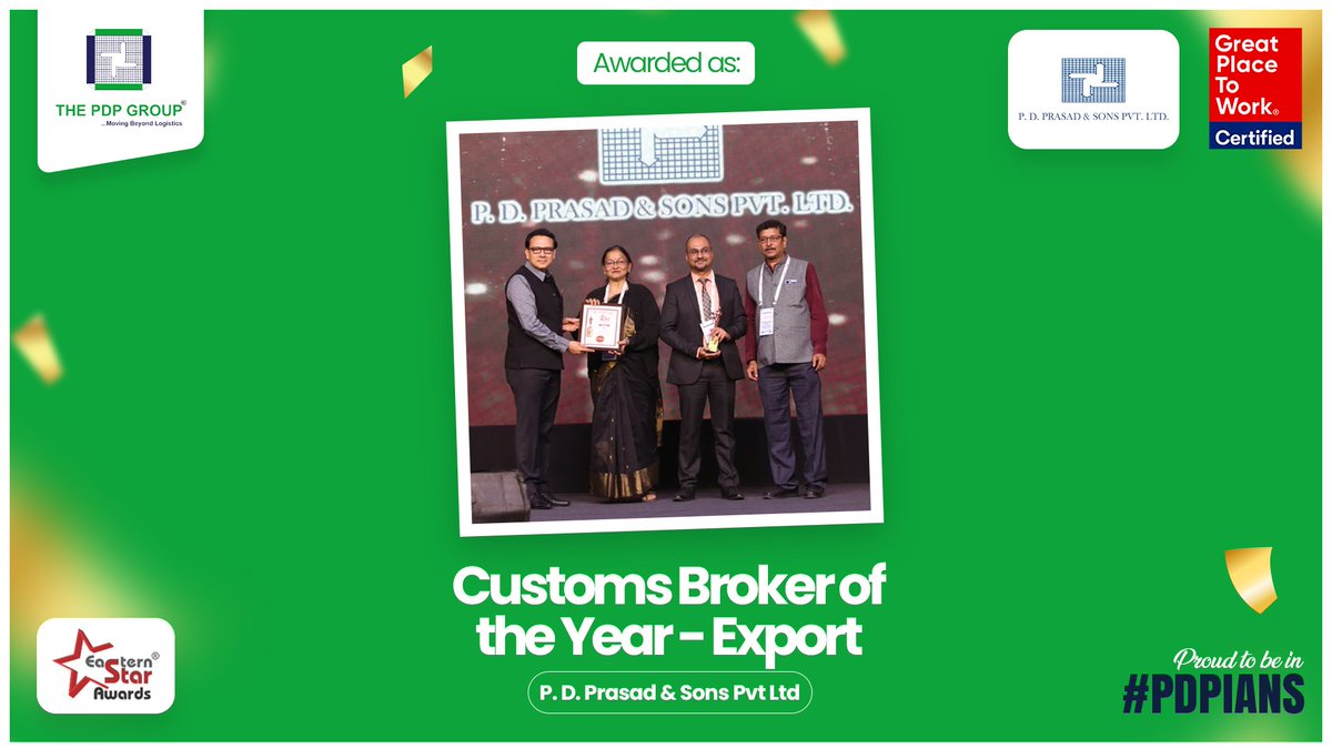 The PDP Group® (@thepdpgroup) on Twitter photo Delighted to be recognized for outstanding logistics performance by <a href="/Exim_India/">Exim_India</a>. Our company, M/s P. D. Prasad & Sons Pvt Ltd won 'Customs Broker of the Year- Export' award and M/s Allied ICD Services Ltd won 'ICD of the Year' award.
#awards #awardnight #logistics #awardwinning Delighted to be recognized for outstanding logistics performance by <a href="/Exim_India/">Exim_India</a>. Our company, M/s P. D. Prasad & Sons Pvt Ltd won 'Customs Broker of the Year- Export' award and M/s Allied ICD Services Ltd won 'ICD of the Year' award.
#awards #awardnight #logistics #awardwinning