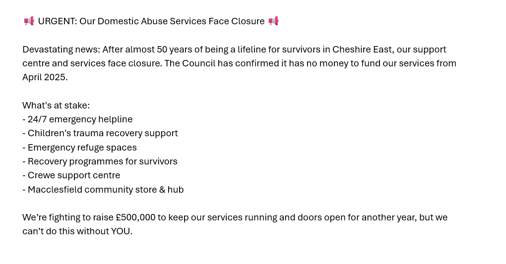 mycwacharity's tweet photo. 📢 URGENT: Our Domestic Abuse Services Face Closure.

Devastating news: After almost 50 years of being a lifeline for survivors in Cheshire East, our support centre and services face closure. Please read more here ⬇️

Donate here🔗https://t.co/RBBaAQjtTO https://t.co/XBpm9hvTZK