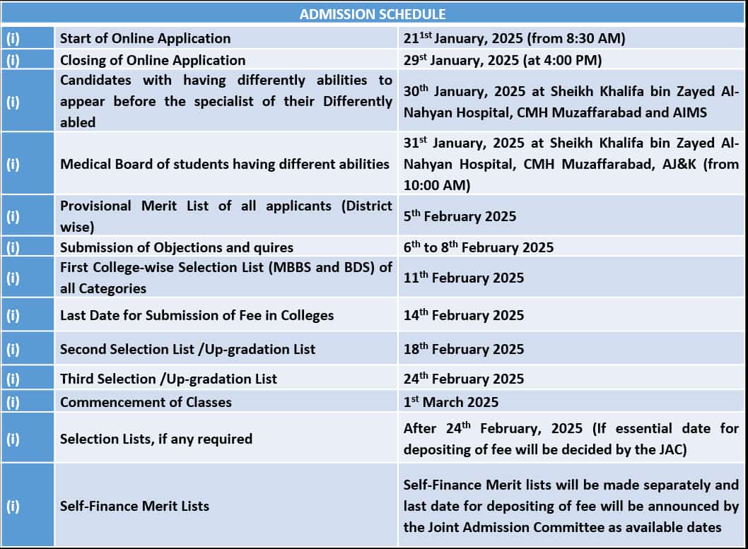 JKMSFOFFICIAL's tweet photo. AJK Joint Admission Committee is going to start admission process for MBBS/BDS programs in AJK from January 21,2024.
Application Period: Jan21-Jan29
1st Provisional Merit List: Feb5
1st College-wise Merit List: Feb11
Last Date to Submit Fee: Feb14
2nd Merit List: Feb18
#jkmsf https://t.co/ELwccgHSZM