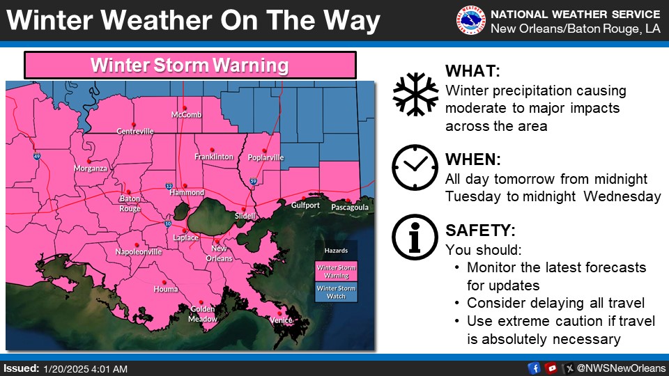 NWSNewOrleans's tweet photo. ❄️5AM Update: The Winter Weather Advisory has been upgraded to a WINTER STORM WARNING and the entire forecast area is now under a warning. Forecasted snow totals have also been adjusted upward for much of the area. Rush any final preparations to completion today! #lawx #mswx https://t.co/45IPYMrM0I