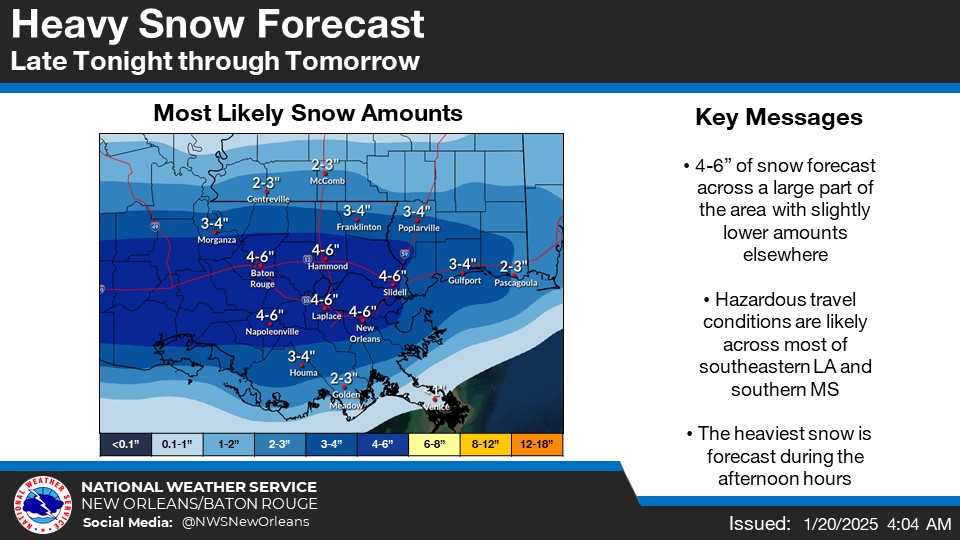 NWSNewOrleans's tweet photo. ❄️5AM Update: The Winter Weather Advisory has been upgraded to a WINTER STORM WARNING and the entire forecast area is now under a warning. Forecasted snow totals have also been adjusted upward for much of the area. Rush any final preparations to completion today! #lawx #mswx https://t.co/45IPYMrM0I