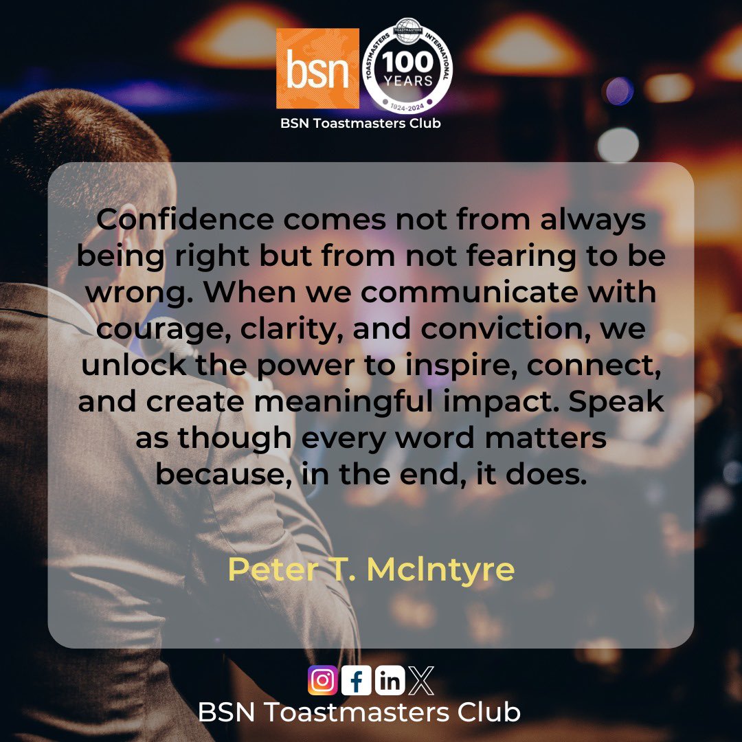 Happy Monday, everyone! 🌟

 Start your week with confidence, courage, and clarity. 💬✨ 
Remember, every word you speak holds the power to inspire and connect. Let’s make this week impactful! 💪🔥 

#ConfidenceInCommunication 
#BSNToastmasters #SpeakToLead #InspireThroughWords