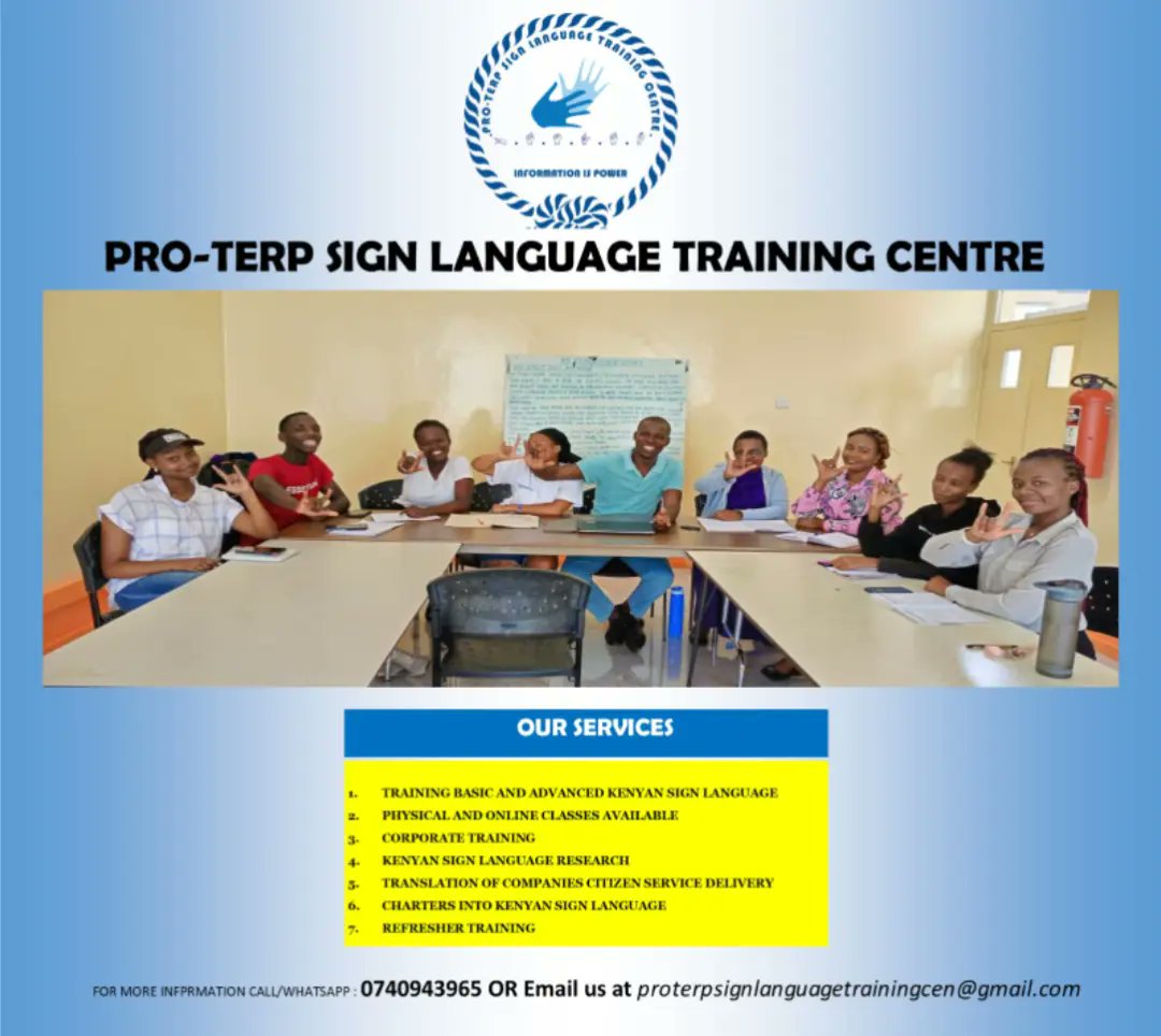 OUR SERVICES

TRAINING BASIC AND ADVANCED KENYAN SIGN LANGUAGE
PHYSICAL AND ONLINE CLASSES AVAILABLE
CORPORATE TRAINING
KENYAN SIGN LANGUAGE RESEARCH
TRANSLATION OF COMPANIES CITIZEN SERVICE DELIVERY 
CHARTERS INTO KENYAN SIGN LANGUAGE
REFRESHER TRAINING

CONTACT 0740943965