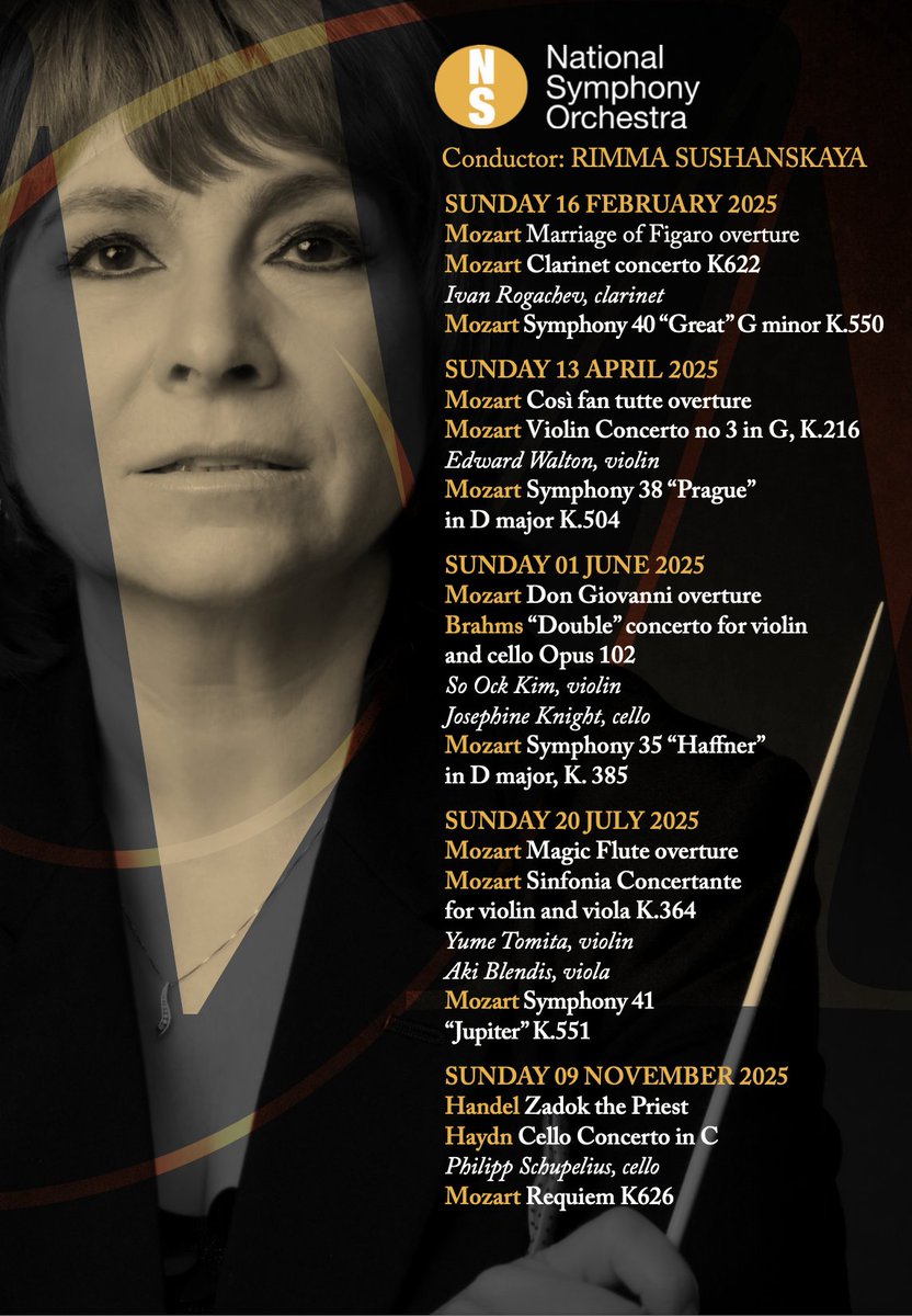 2025 is the year of Mozart for NSO with maestro Rimma Sushanskaya. Starts at Sinfonia Smith Square on Sunday 16 February. Great opening programme.