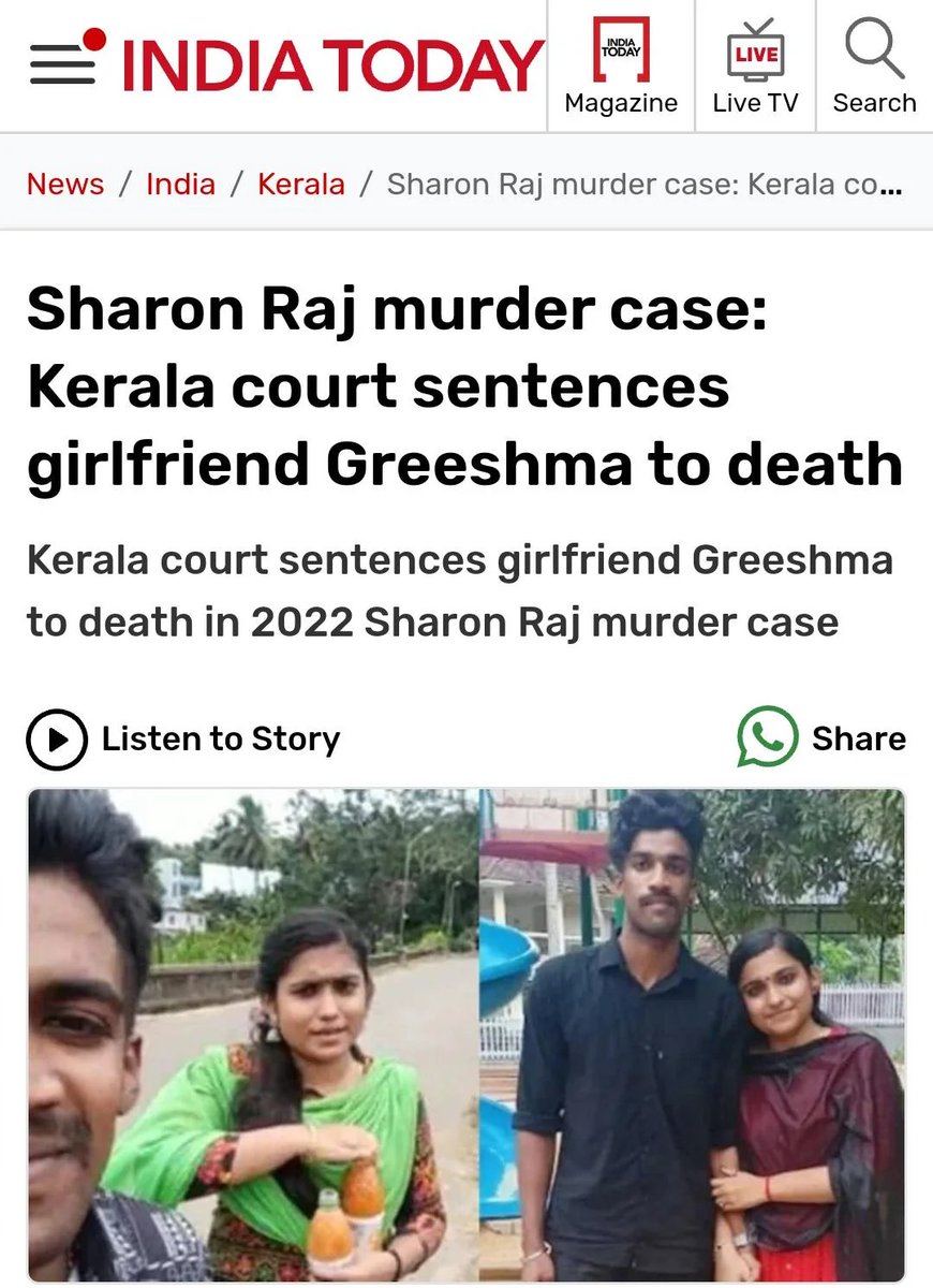 TheRealDharm's tweet photo. @HPhobiaWatch ⚡️Death sentence for Greeshma in Sharon Raj's brutal poisoning case.
A rarest of rare case - may this send a chilling message to those who think betrayal has no consequences.
#greeshmacase #SharonRaj https://t.co/MuNfTsMK6U