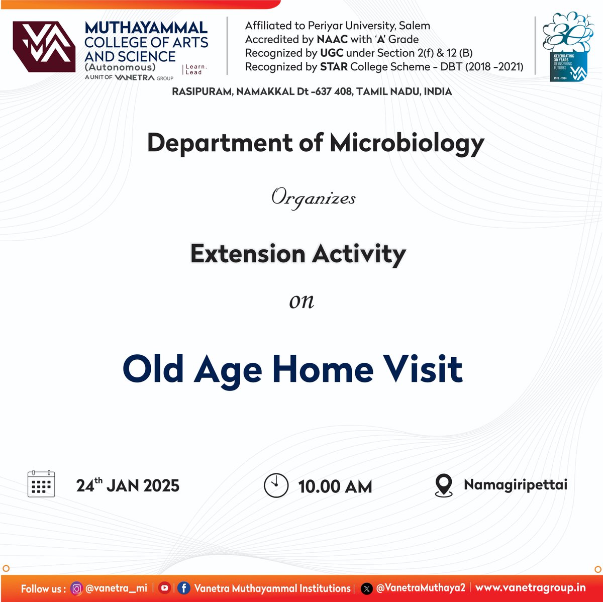 VanetraMuthaya2's tweet image. 🧬 Spreading Smiles and Care! ❤️
Department of Microbiology, MCAS, is organizing an Extension Activity with a heartwarming Old Age Home Visit at Namagiripettai on 24.1.25.

#CommunityCare #ExtensionActivity #MCAS #OldAgeHomeVisit #SpreadingKindness #MicrobiologyInAction #vanetra