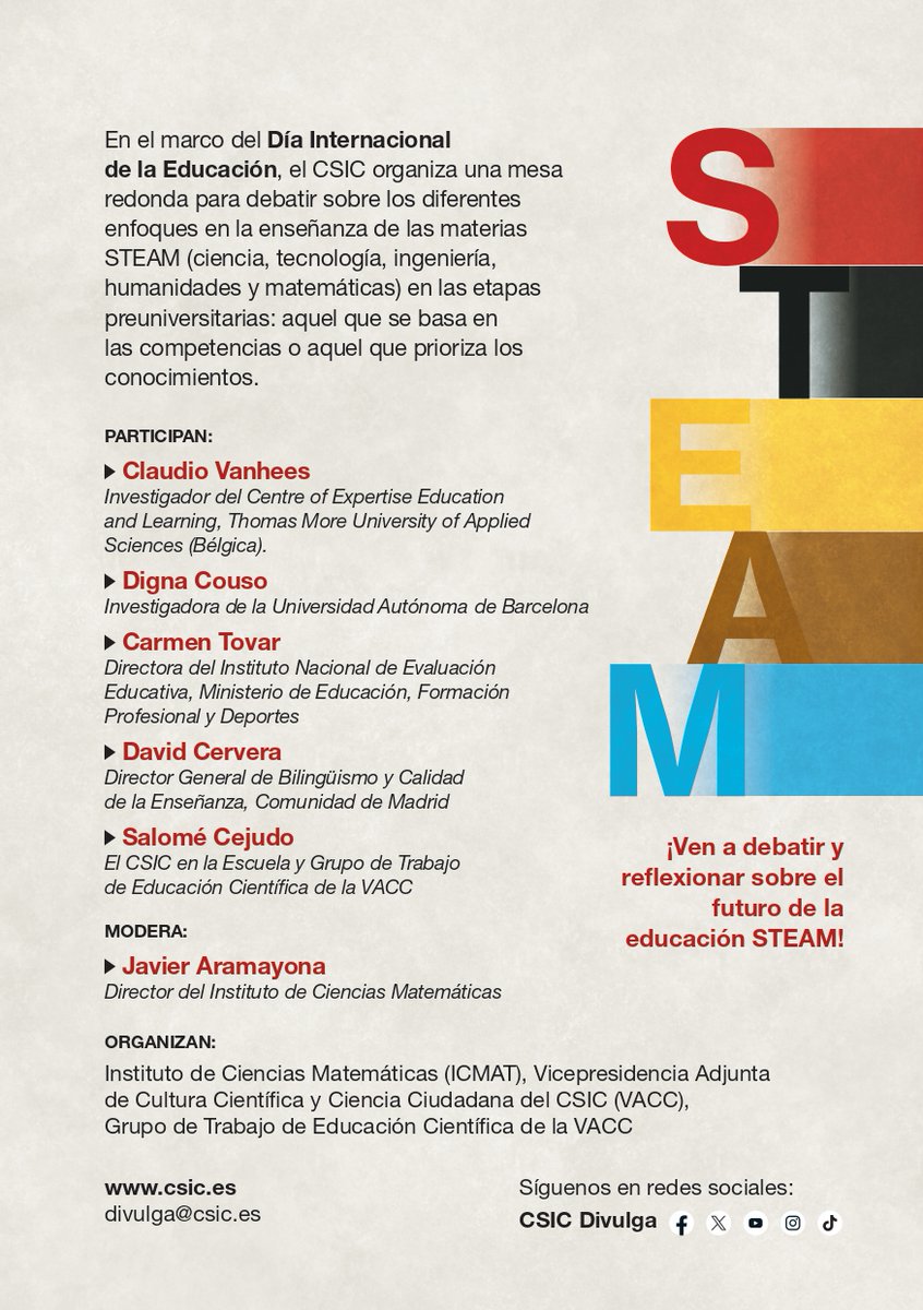 CSIC Andalucía y Extremadura (@csicandalextrem) on Twitter photo 🗣️ El <a href="/_ICMAT/">Inst. de Cc. Matemáticas</a> celebra el Día Internacional de la Educación con la mesa redonda 'Educación STEAM a debate: conocimientos y competencias'
🗓️ Hoy | 17:30h
📍 Edificio central CSIC Madrid
💻Retransmisión online: lnkd.in/dv7d5Gud
Info: lnkd.in/dxEqkWsd
#EducaCSIC 🗣️ El <a href="/_ICMAT/">Inst. de Cc. Matemáticas</a> celebra el Día Internacional de la Educación con la mesa redonda 'Educación STEAM a debate: conocimientos y competencias'
🗓️ Hoy | 17:30h
📍 Edificio central CSIC Madrid
💻Retransmisión online: lnkd.in/dv7d5Gud
Info: lnkd.in/dxEqkWsd
#EducaCSIC