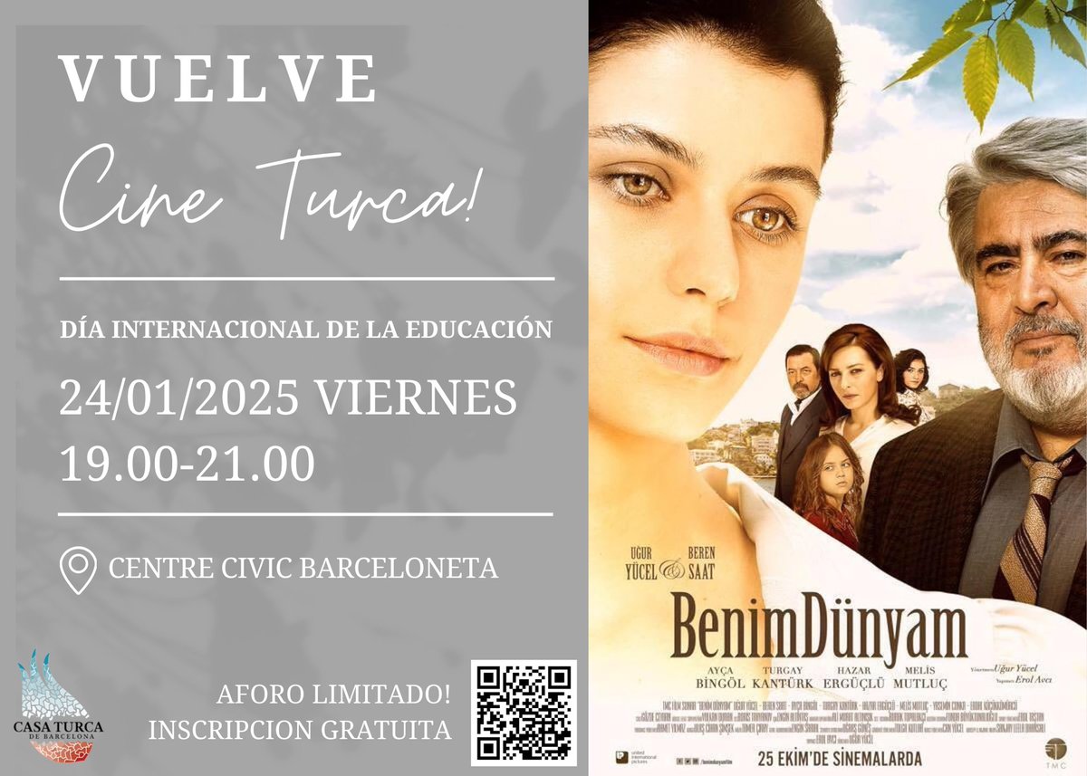 CasaTurcaBCN's tweet photo. ¡La Cine Turca está de vuelta tras años de ausencia!

El 24 de enero es el Día Internacional de la Educación, y hemos decidido convertirlo en una gran excusa para reunirnos y disfrutar de una película con un tema que celebra la educación.
Inscripción:  https://t.co/g3MorJ3fM5 https://t.co/agmYAAAWMt