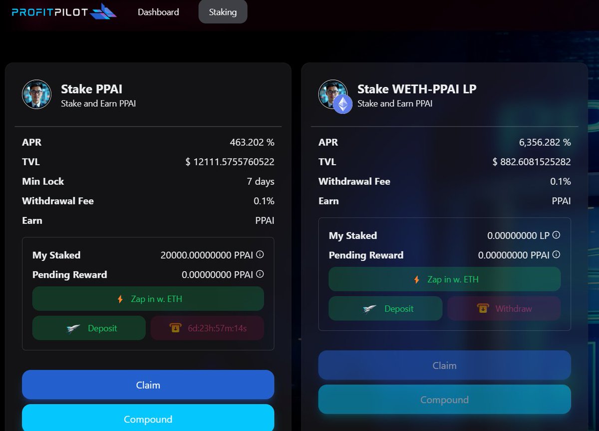 staking portal is now live

stake your $PPAI and $PPAI LP in the new <a href="/ProfitPilot_AI/">ProfitPilotAI $PPAI</a> Dapp

use the Zap In feature to automatically buy tokens or create UniV2 LP with your ETH instead of having to use a DEX or create LP on Uniswap

real DeFi rewards paid by real yield of an AI